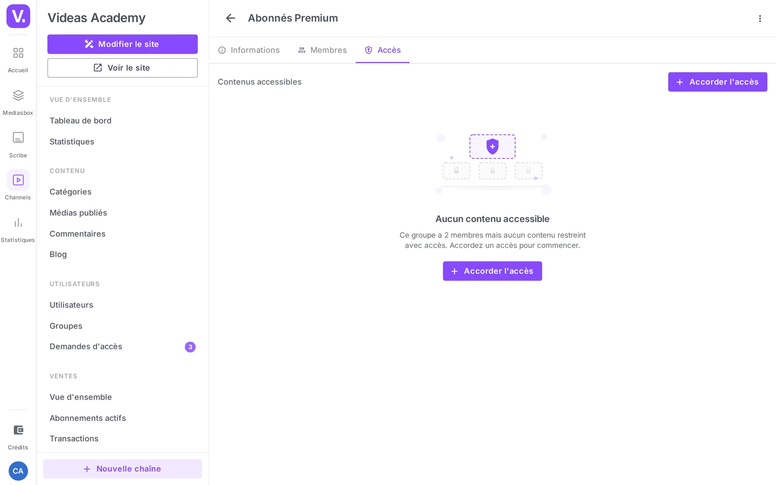 l’onglet Accès d’un groupe (Contenus accessibles + bouton Accorder l’accès)