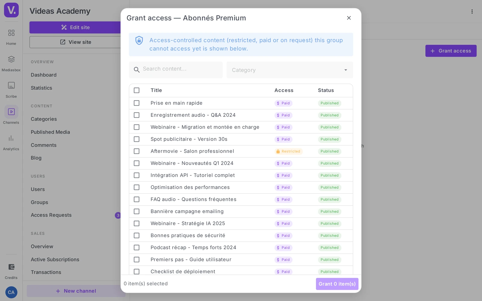 the Grant access dialog (search, filter by category, checkboxes, Grant N item(s) button)