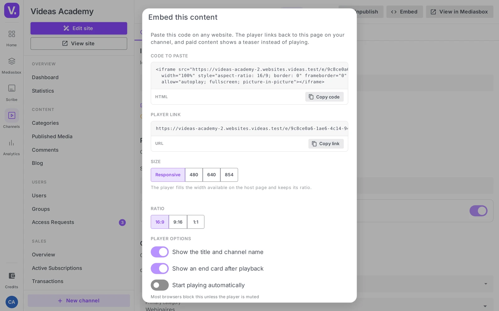 the Embed dialog of a channel item, with the code to paste and the player options