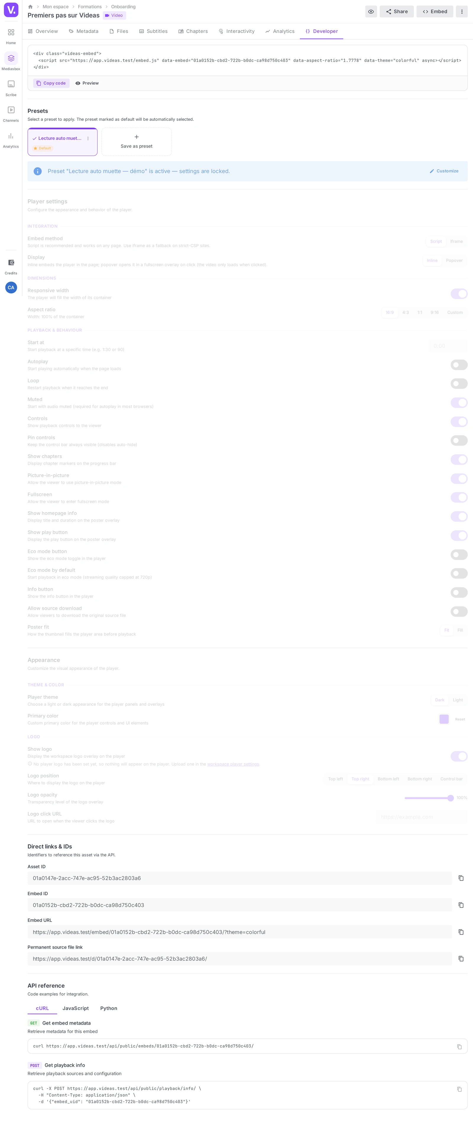 the Developer page of a media item with its Embed code, Presets, Player settings and Appearance sections