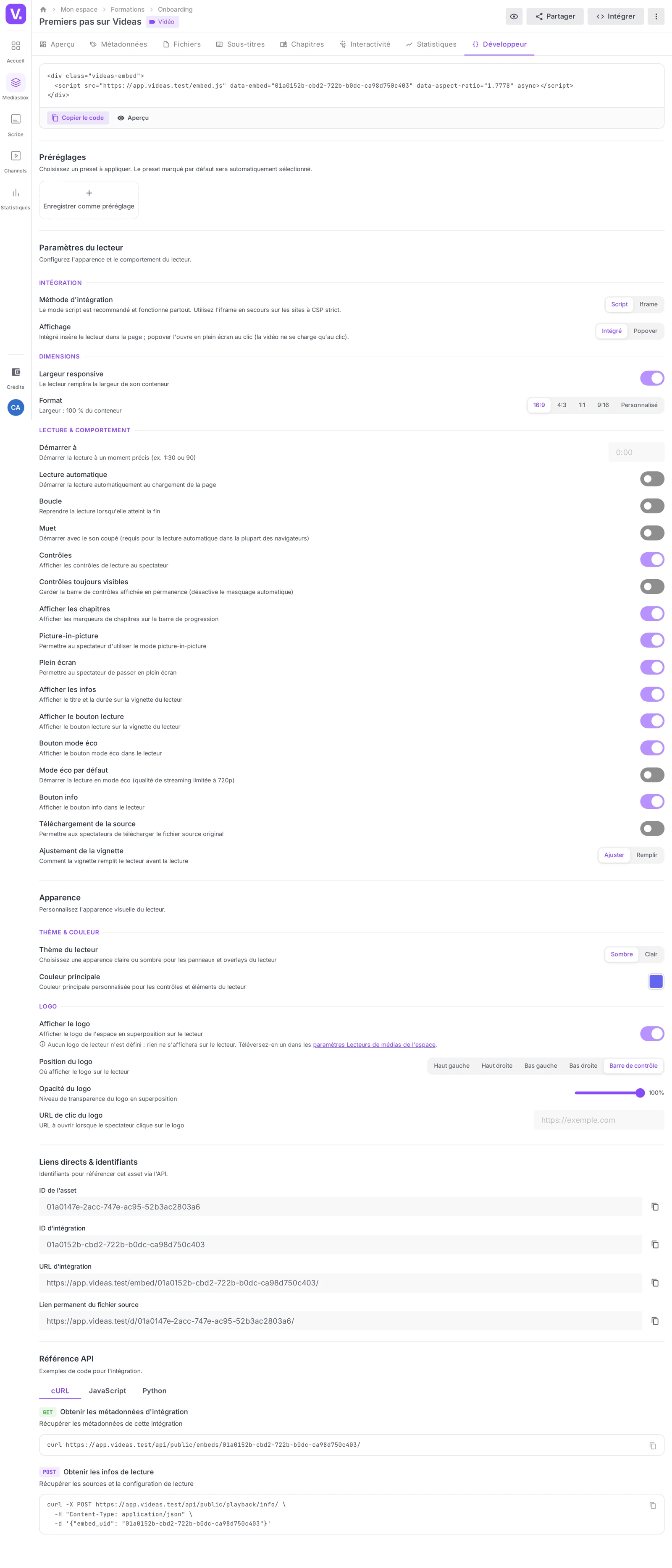 la page Développeur d’un média avec ses sections Code embed, Préréglages, Paramètres du lecteur et Apparence