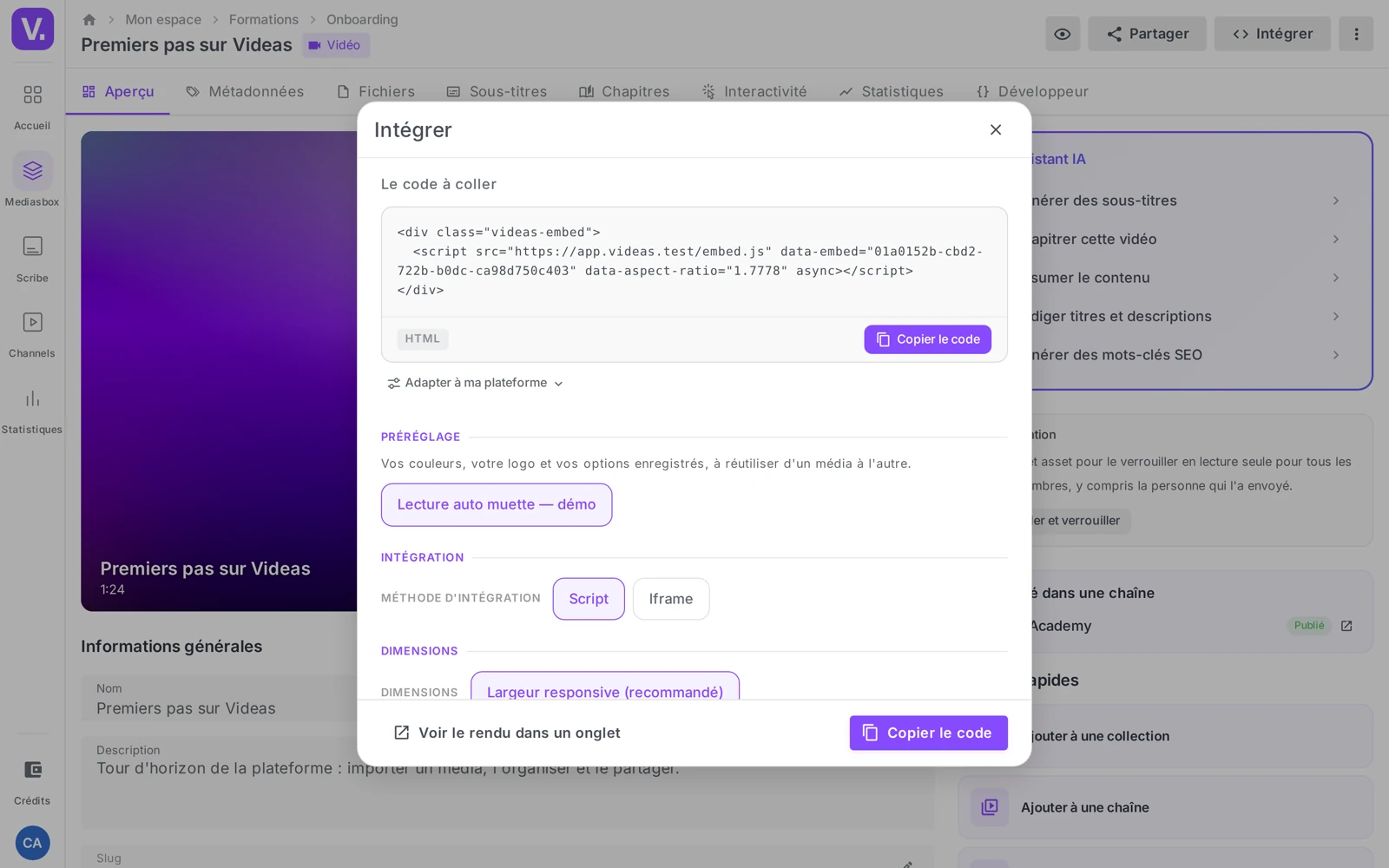 la fenêtre Intégrer avec la carte du code (badge HTML) en haut et les options de personnalisation en dessous