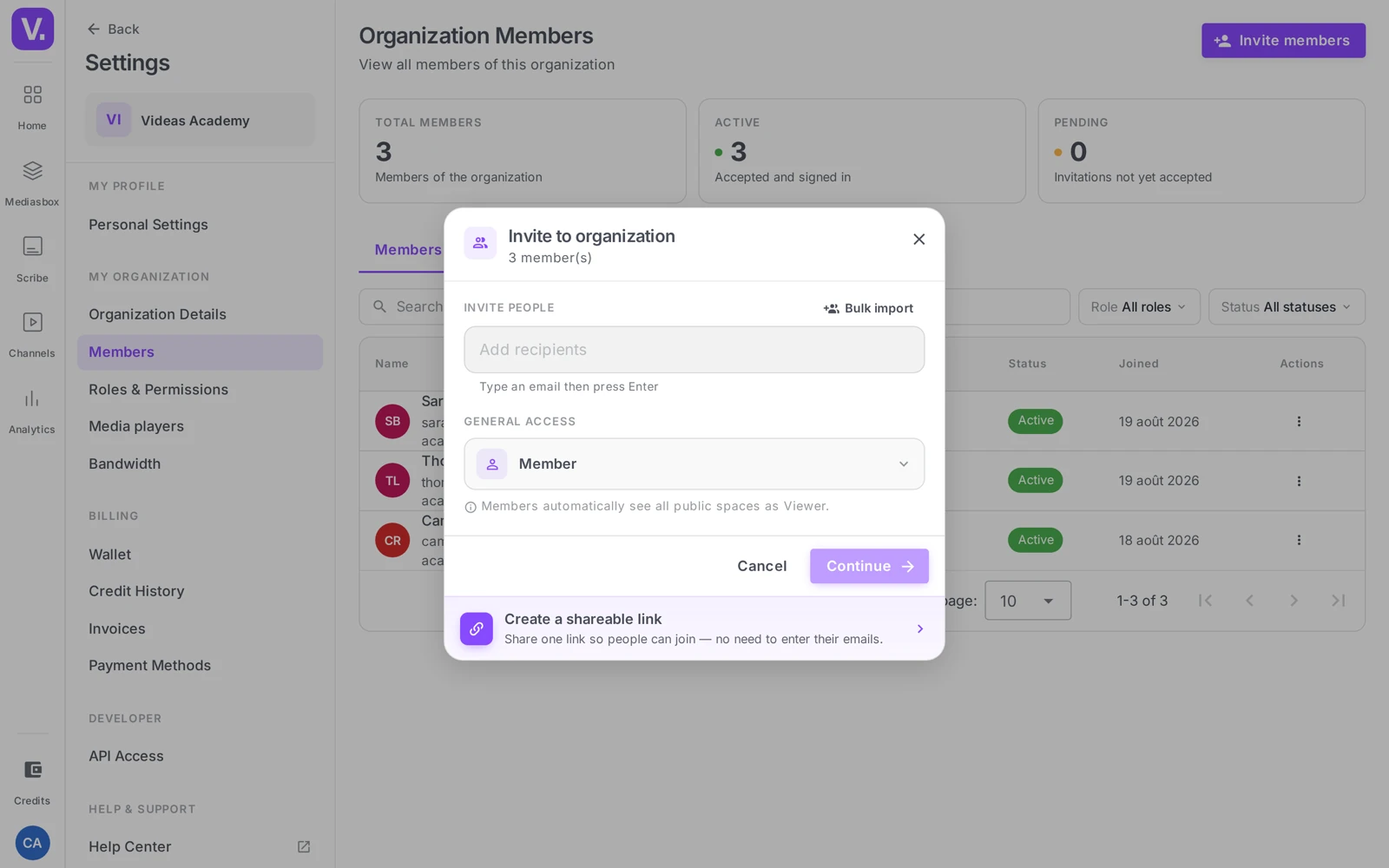 the invitation modal with its three stacked sections
