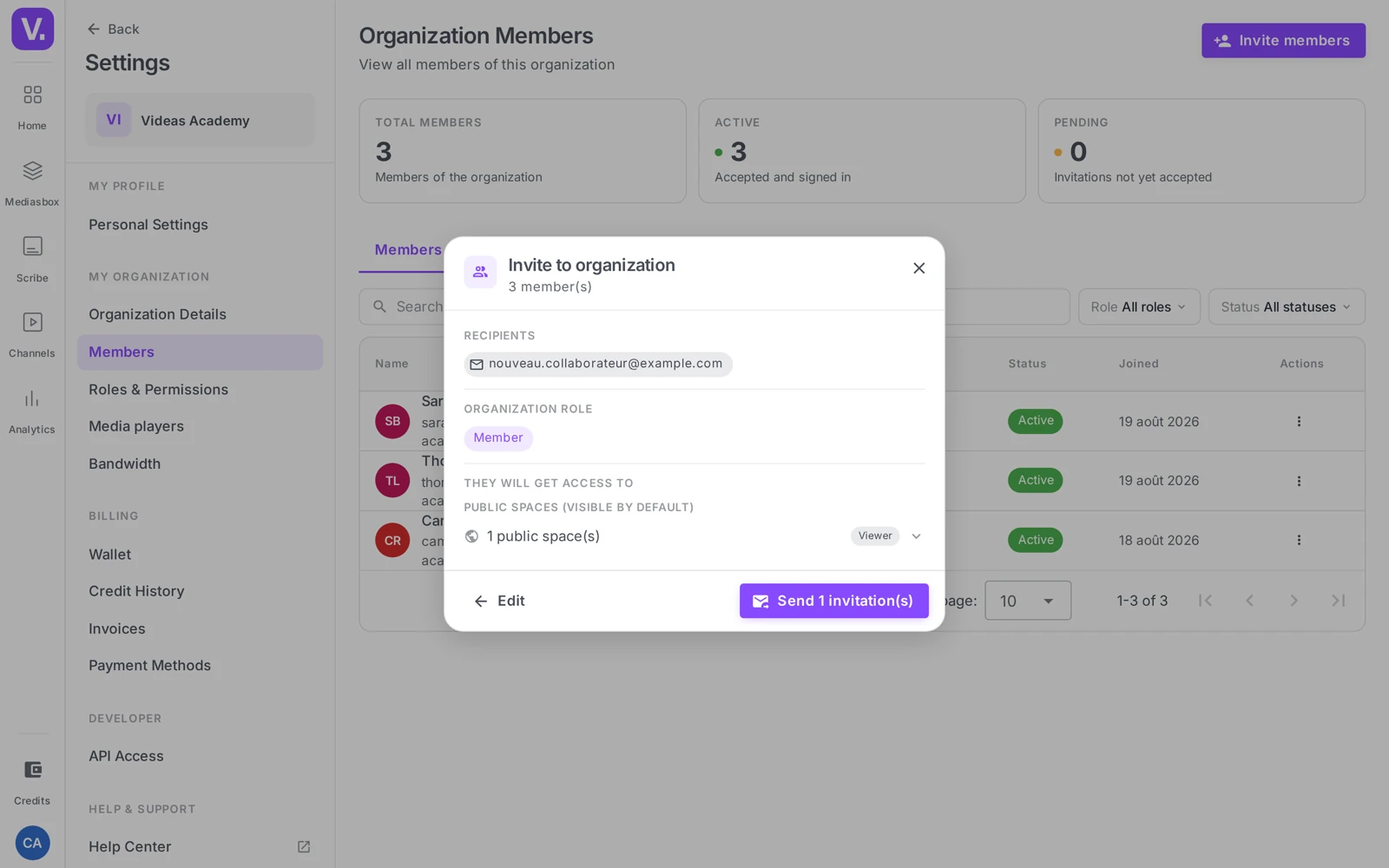 the invitation summary step: recipients, role and workspaces