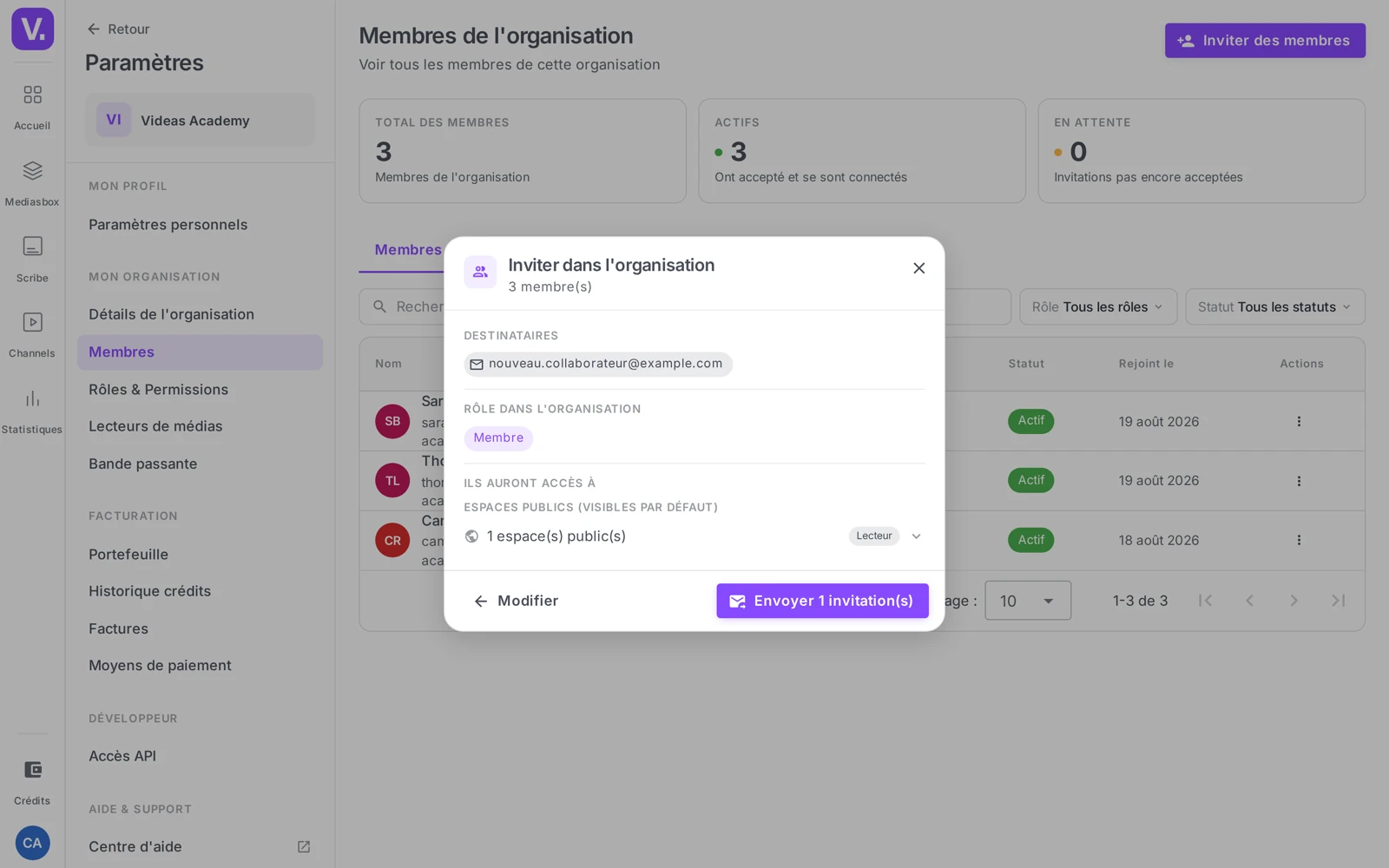 l’étape de récapitulatif de l’invitation : destinataires, rôle et espaces