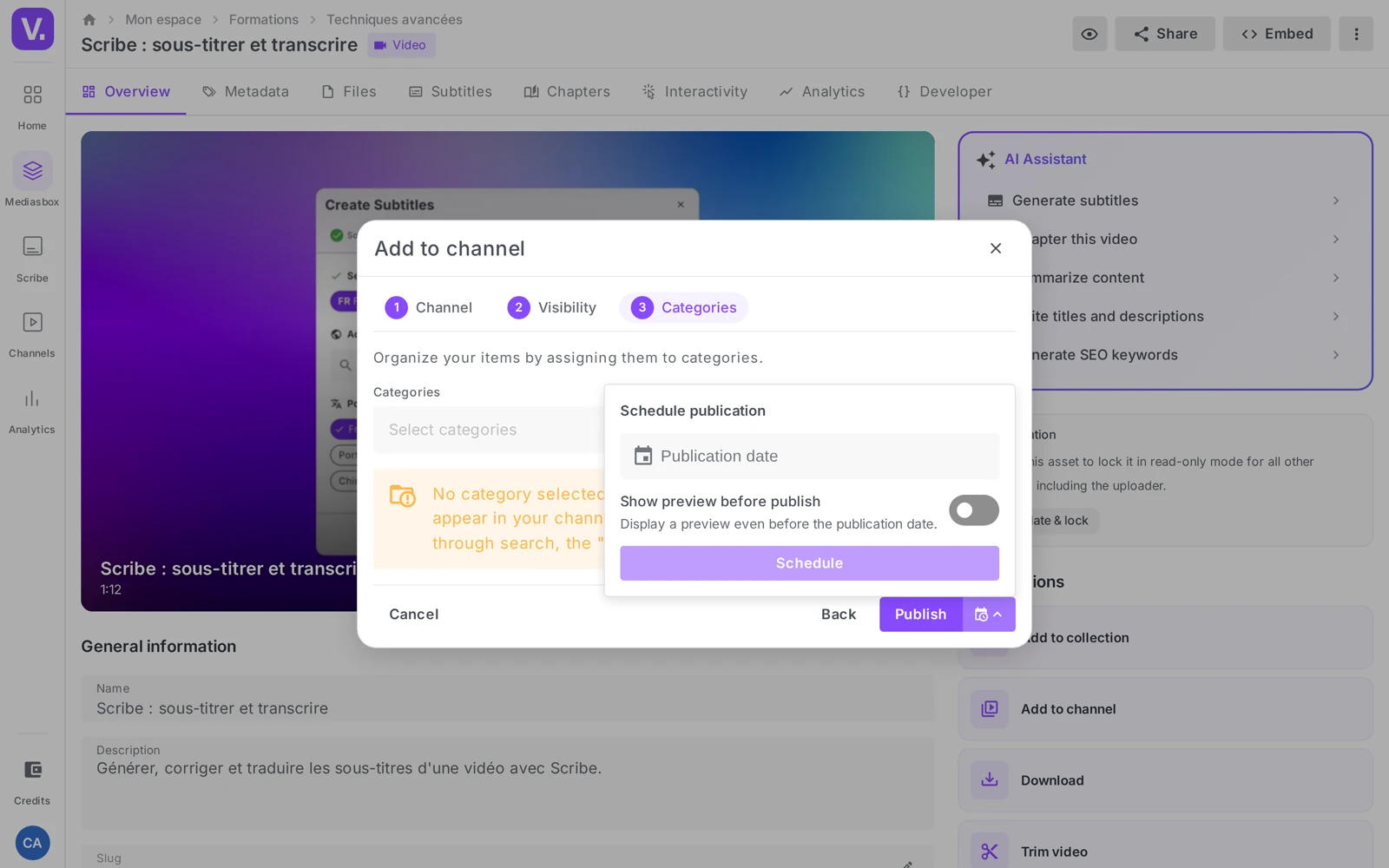 the wizard step with the Publish / Schedule choice and the date picker