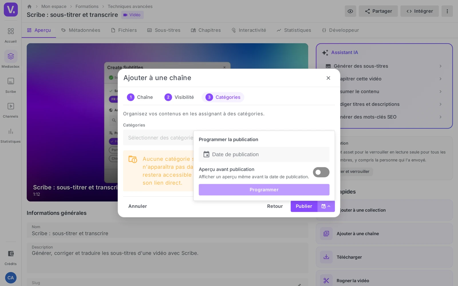 l’étape de l’assistant avec le choix Publier / Programmer et le sélecteur de date