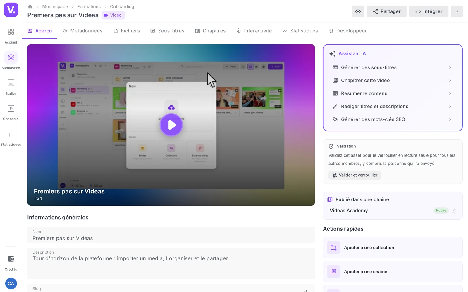 la fiche d’un média, onglets visibles en haut (Aperçu sélectionné)
