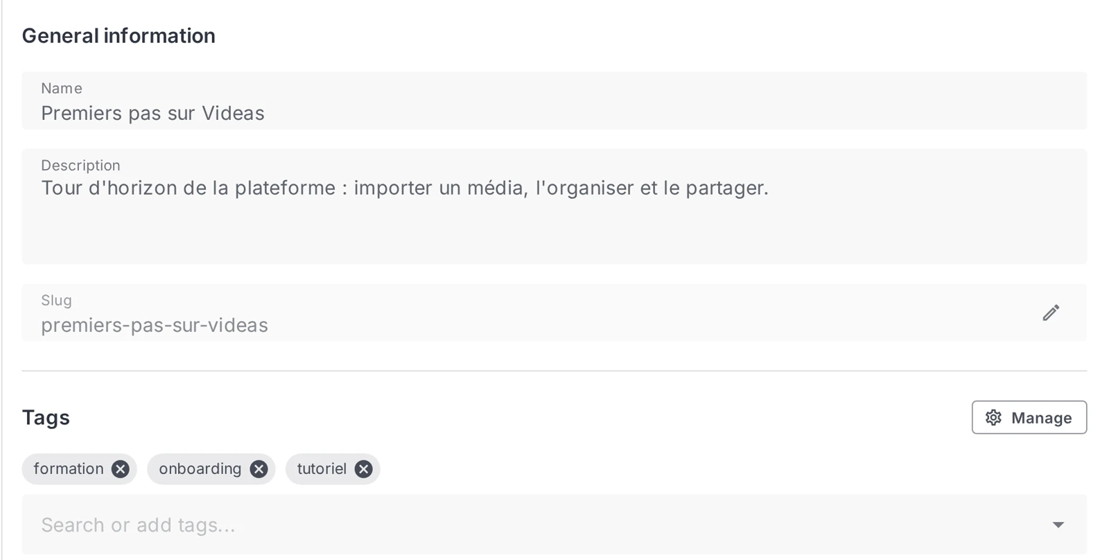the “General information” section of the Overview tab (Name, Description, Slug, Tags)
