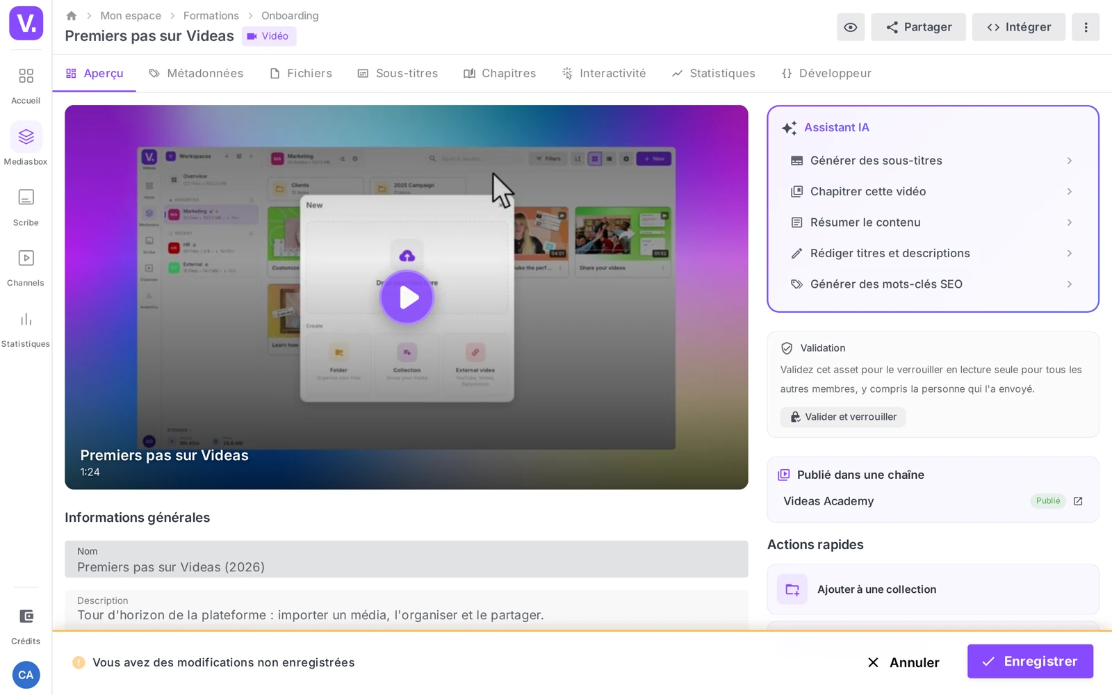 la barre d’enregistrement collée en bas (“Vous avez des modifications non enregistrées” + Enregistrer/Annuler)