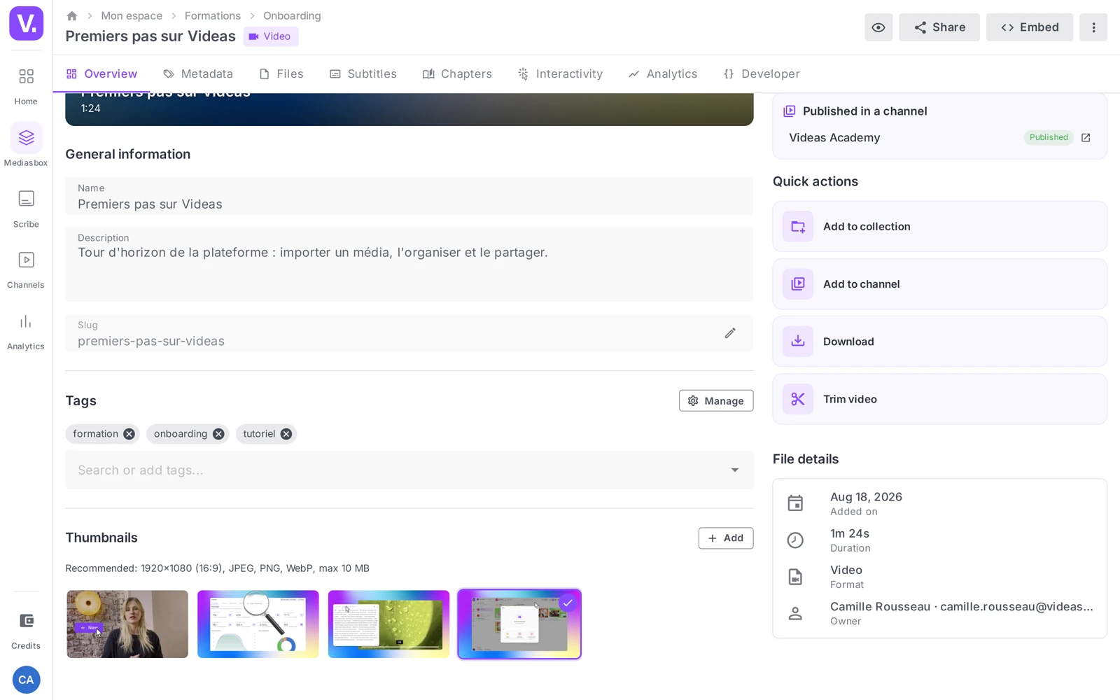 the Thumbnails section with the Add button (Upload an image / Capture from the video)