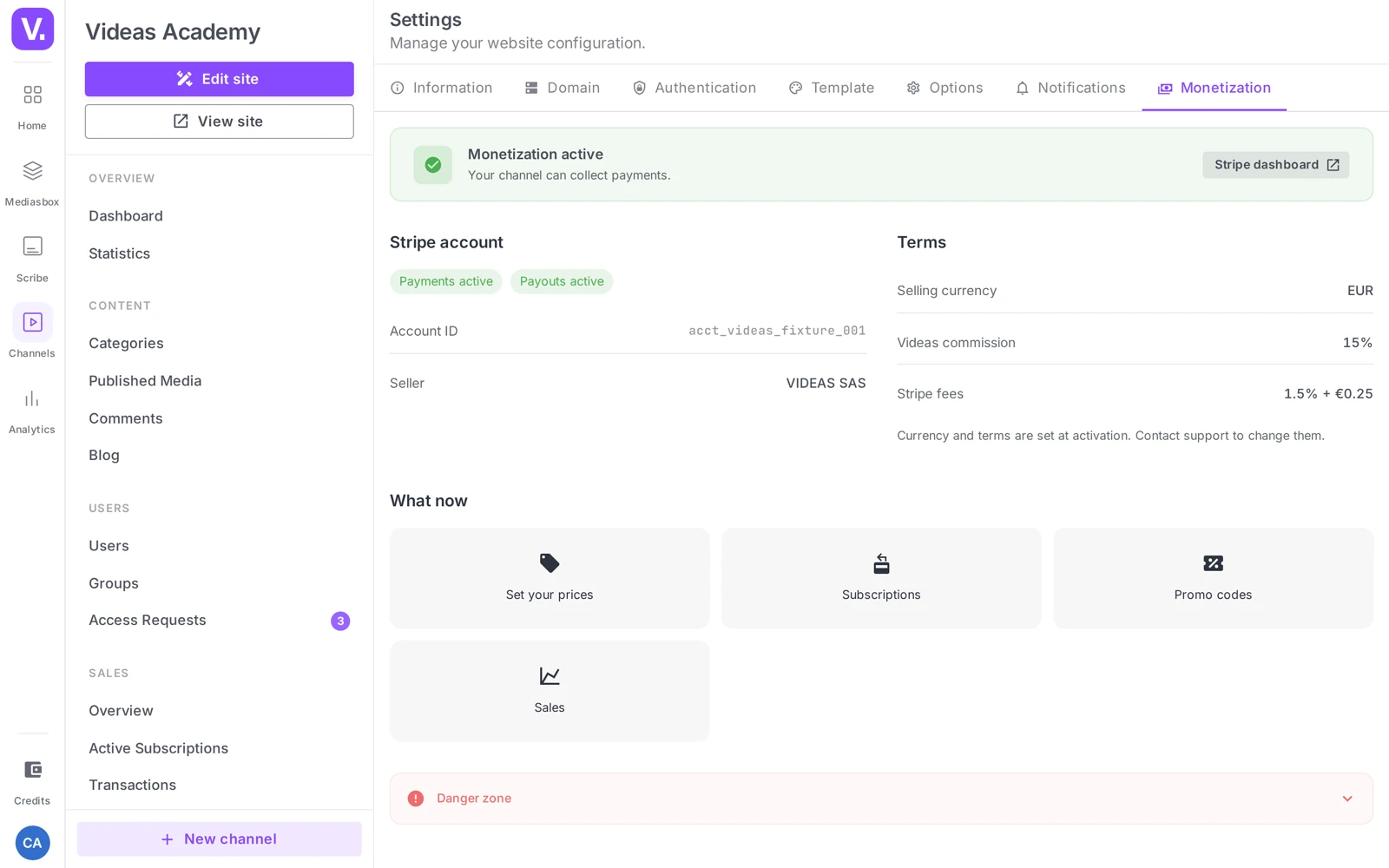 the active Monetization page: green banner, Stripe account, terms and shortcuts