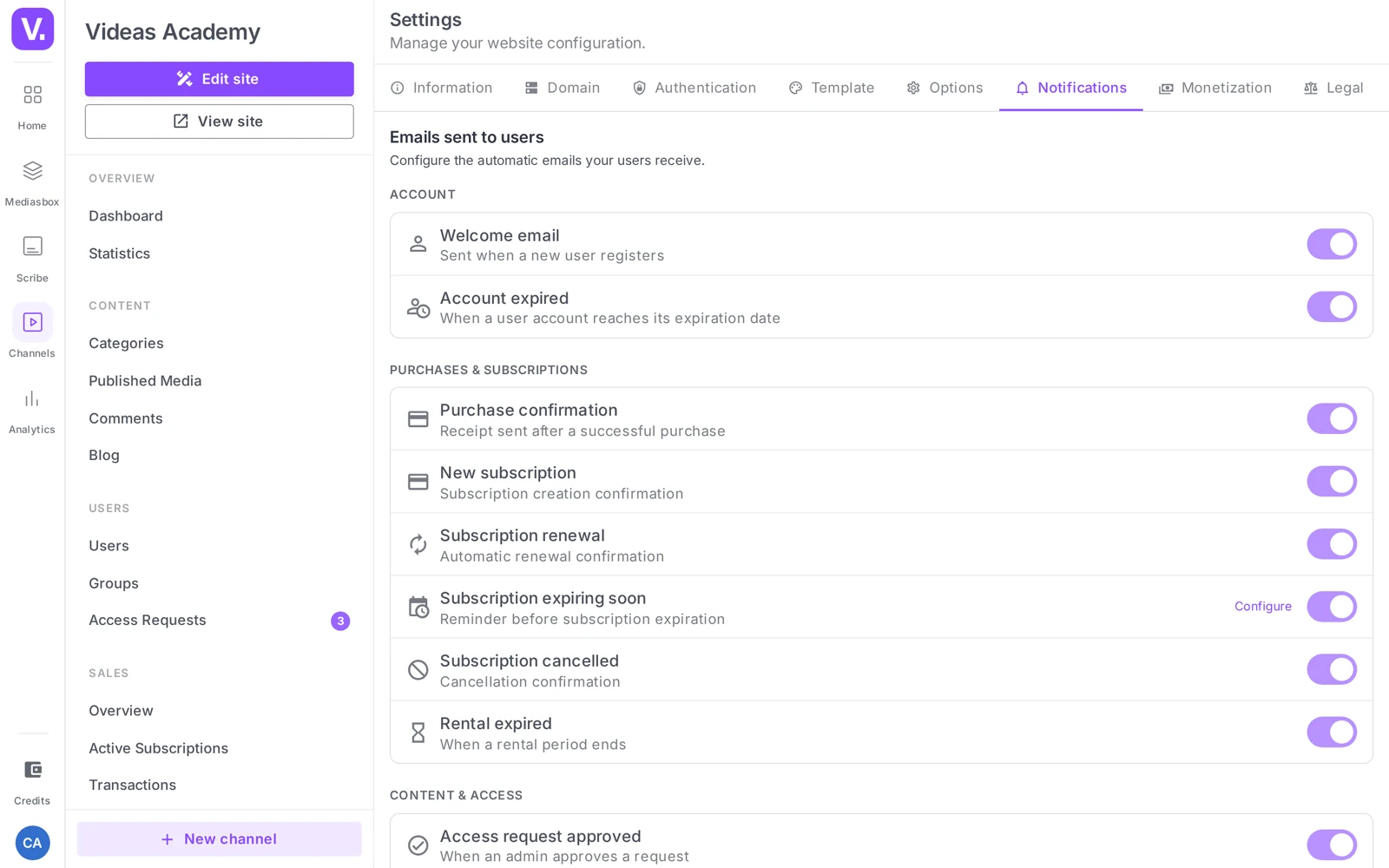 Settings → Notifications (User emails, Admin alerts and History sections)