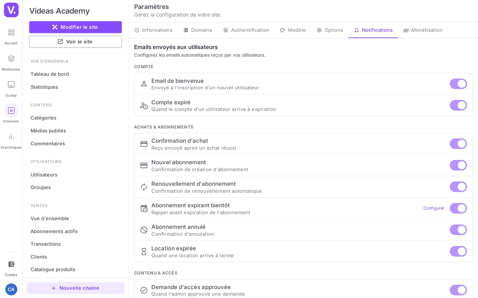Paramètres → Notifications (sections Emails utilisateurs, Alertes administrateur, Historique)