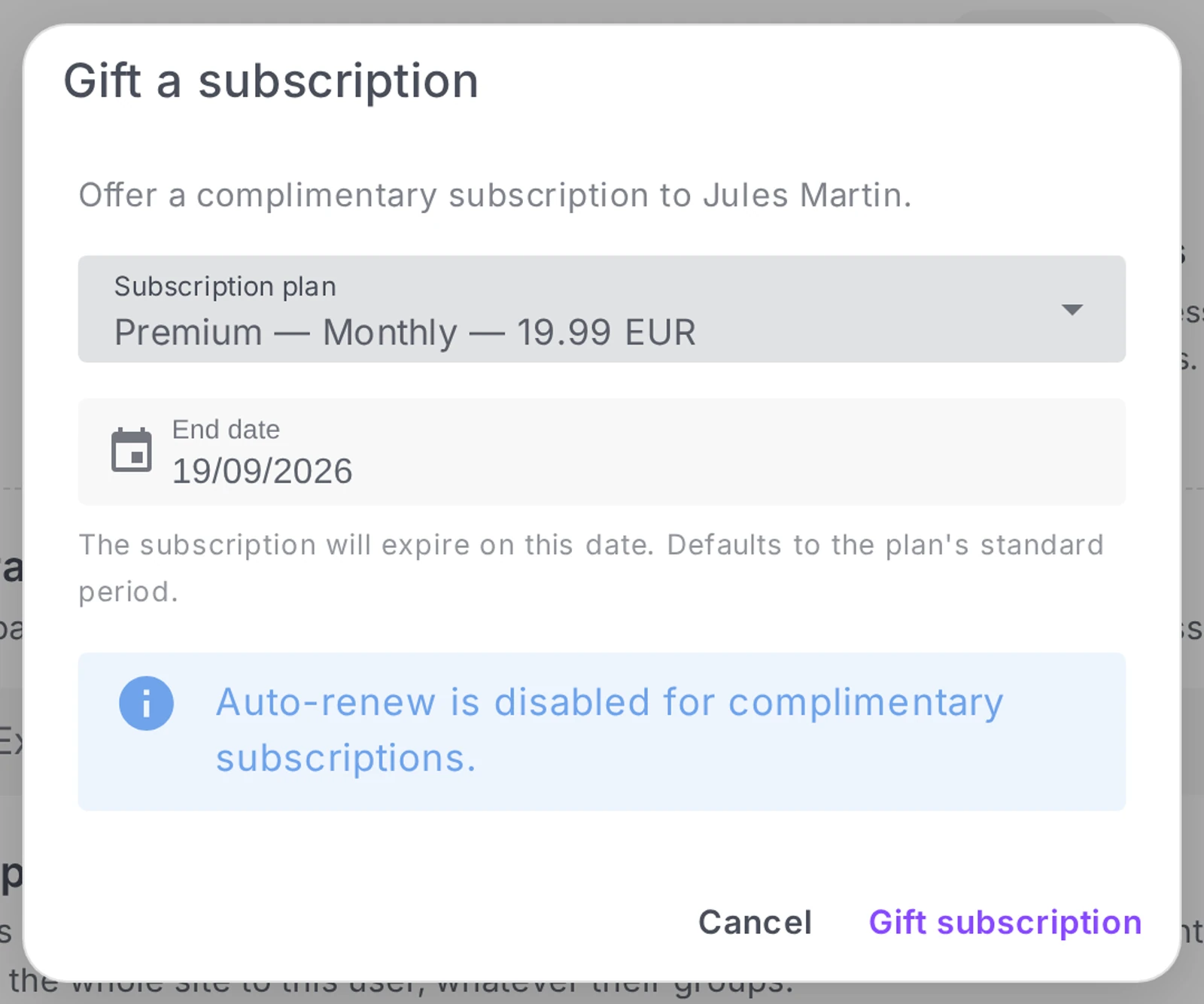 the Gift a subscription window: the plan picker, the end date and the notice about auto-renew
