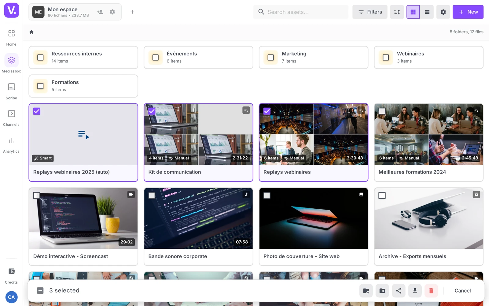 the bulk action bar at the bottom of Mediasbox (Group, Create a collection, Move, Share, Download, Delete)