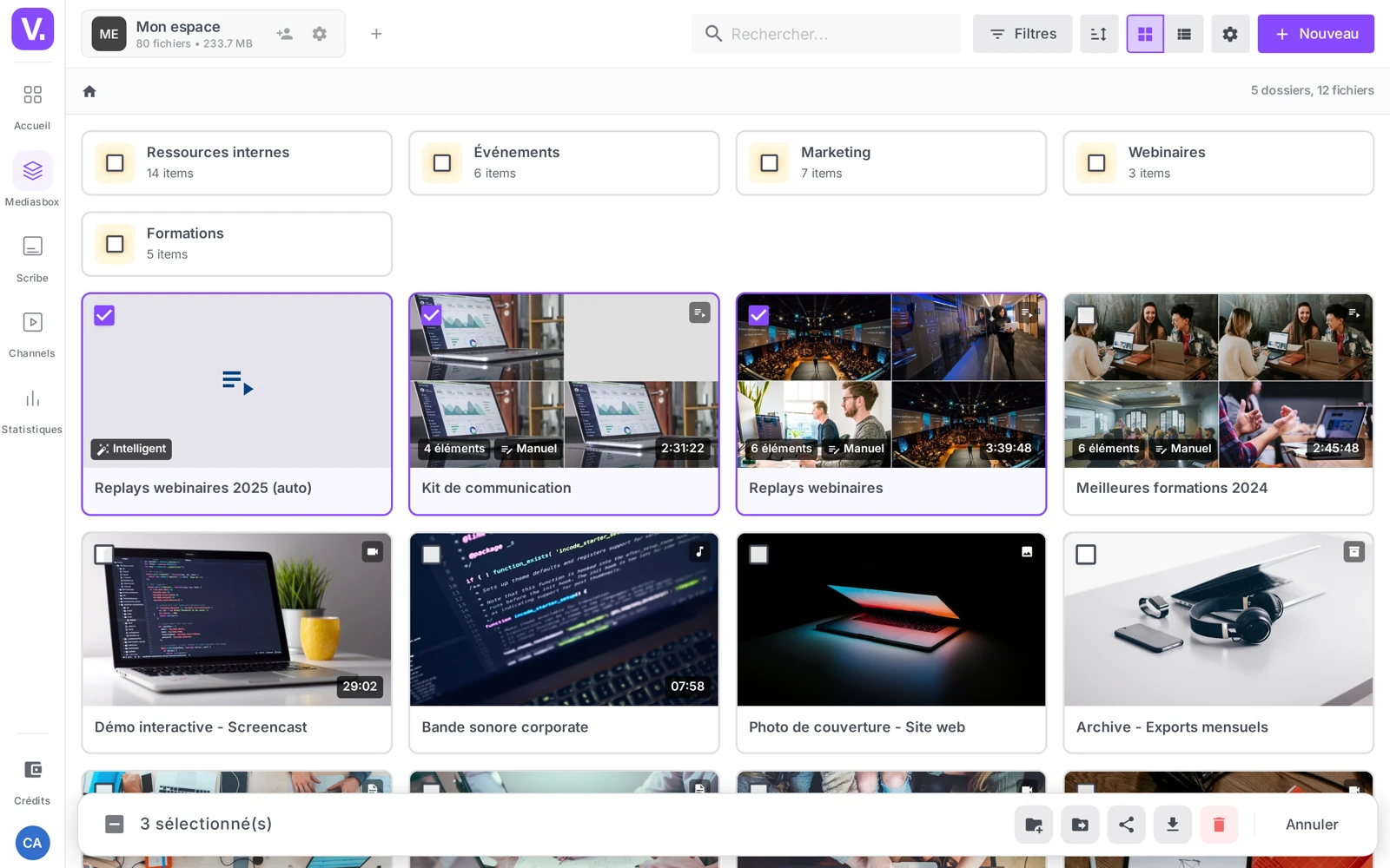 la barre d’actions groupées en bas de Mediasbox (Regrouper, Créer une collection, Déplacer, Partager, Télécharger, Supprimer)