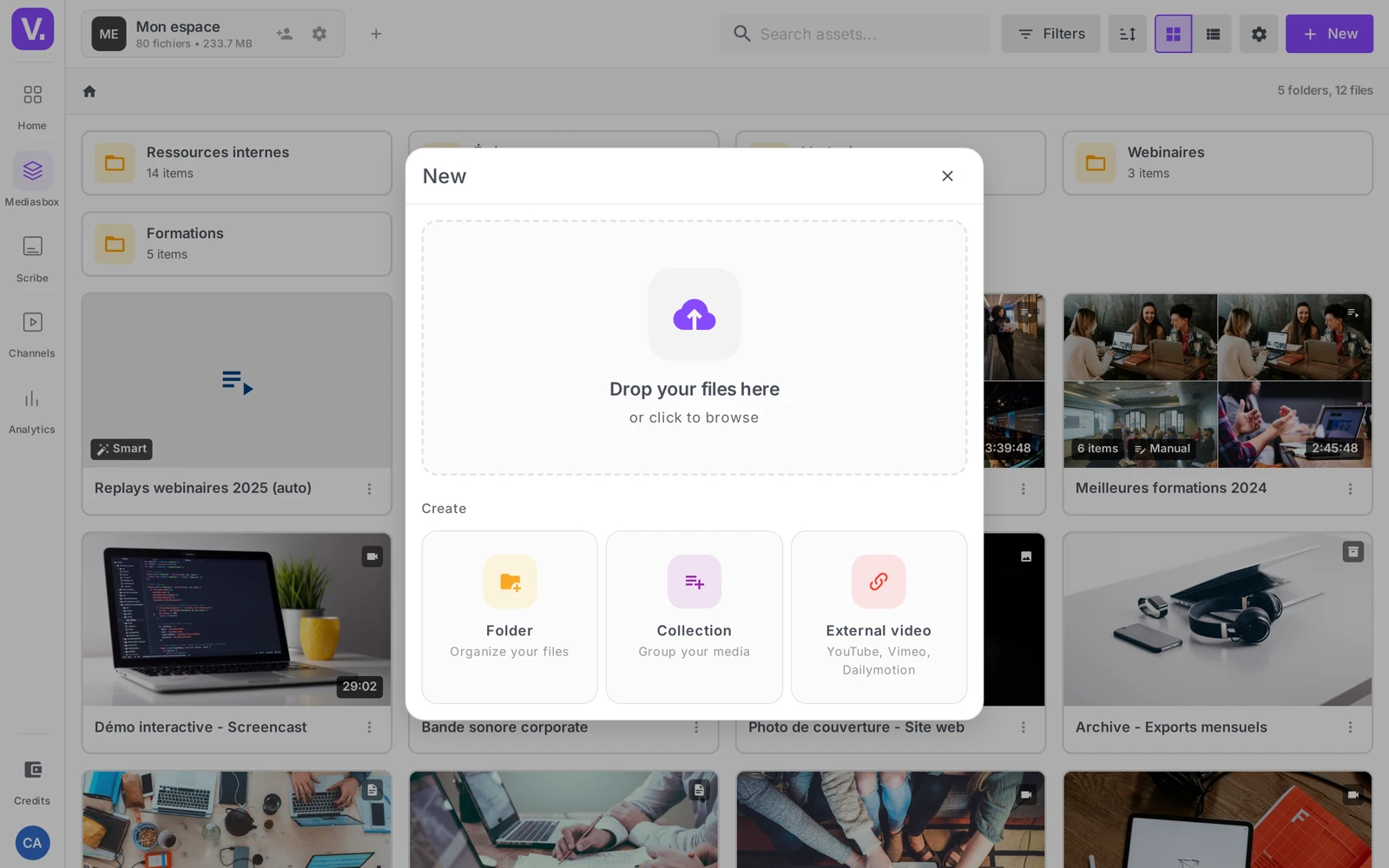 the “New” menu open with its drop zone and the Folder / Collection / External video tiles