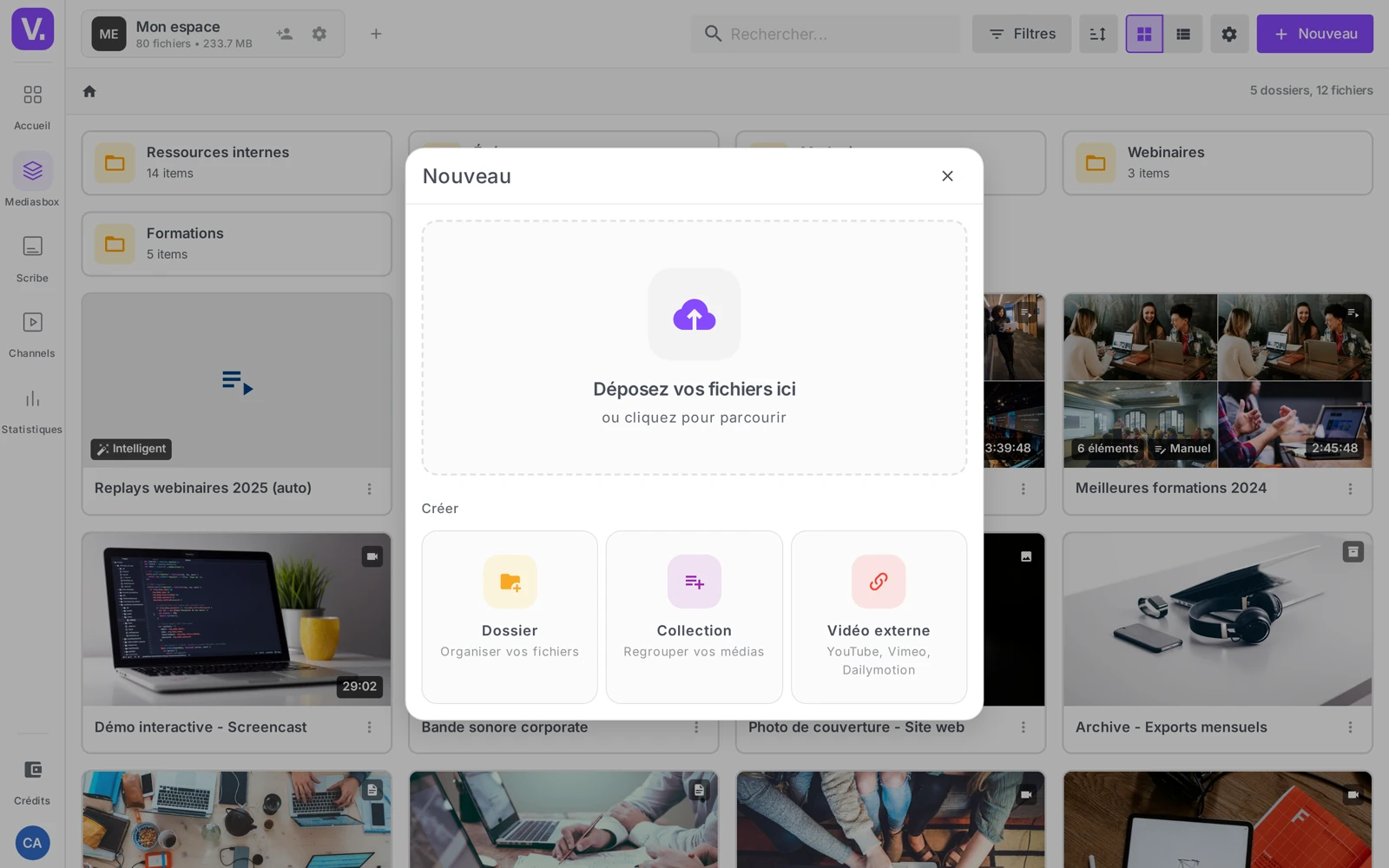 le menu “Nouveau” ouvert avec sa zone de dépôt et les tuiles Dossier / Collection / Vidéo externe
