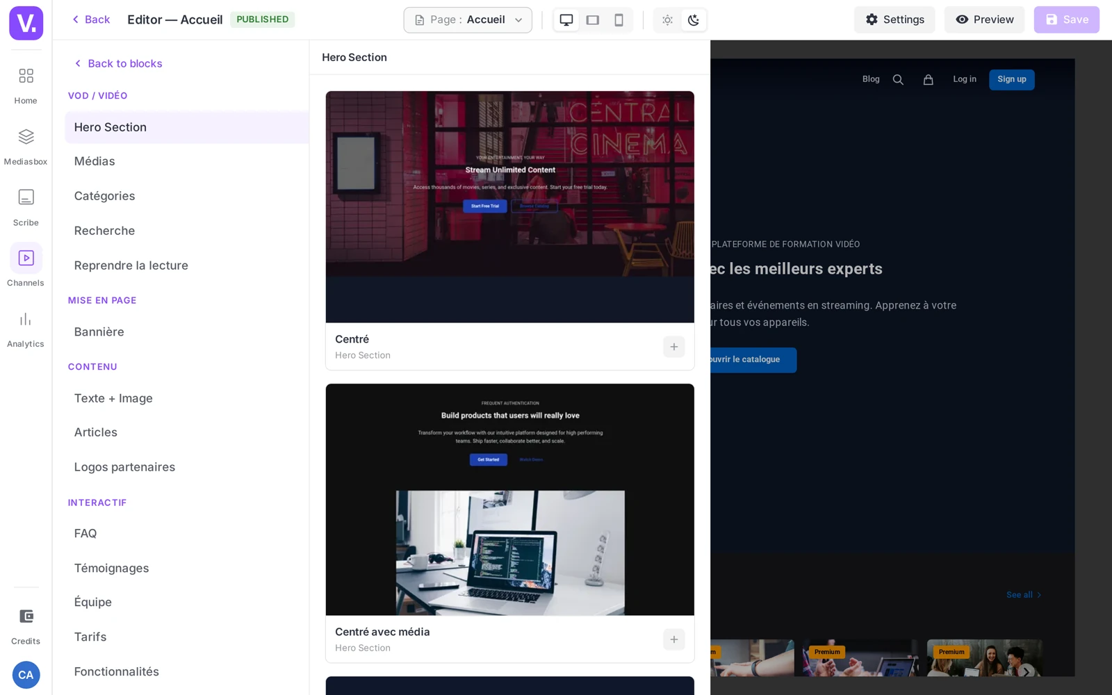 the add-a-block picker with the 4 categories (VOD / Video, Layout, Content, Interactive)
