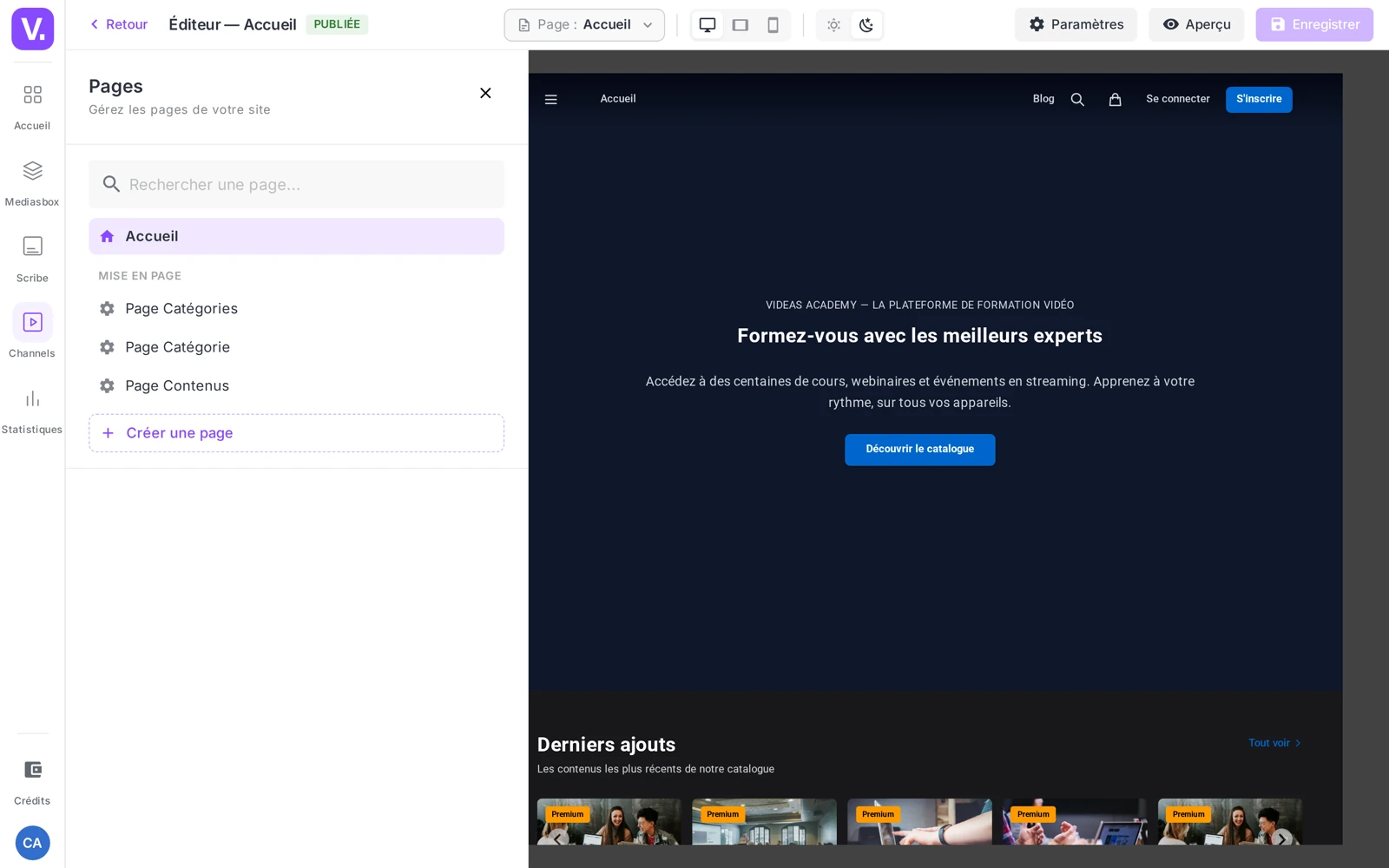le gestionnaire de pages (page d’accueil, pages personnalisées, et les 3 pages de gabarit sous « Mise en page »)