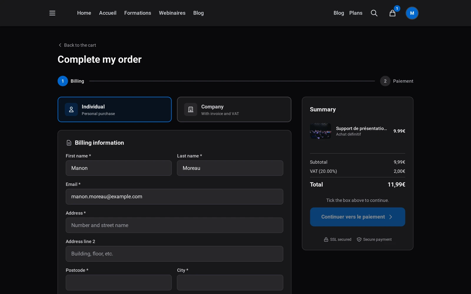 the Billing page (step 1/2) with the Individual / Business choice