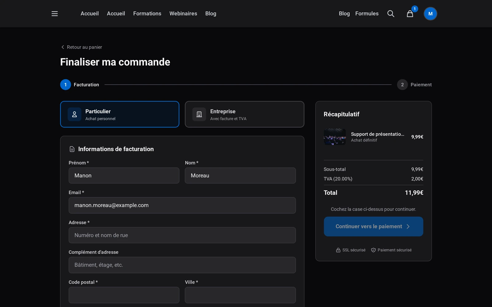 la page Facturation (étape 1/2) avec le choix Particulier / Entreprise