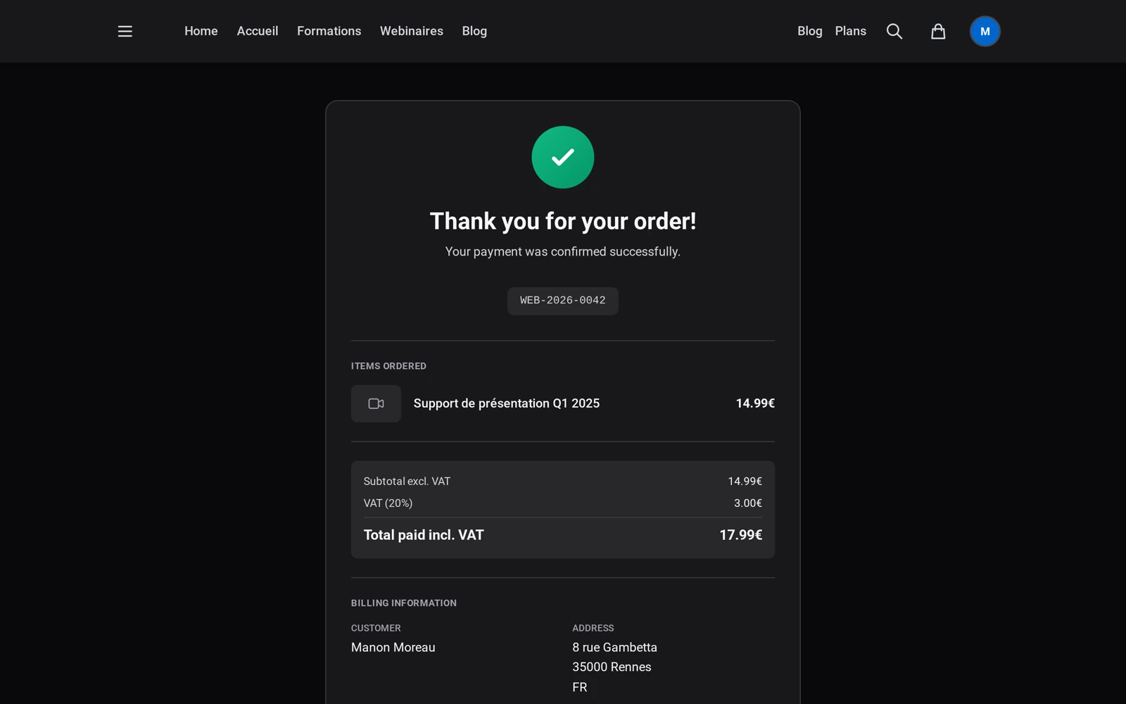the “Thank you for your order!” page with the order number and the summary