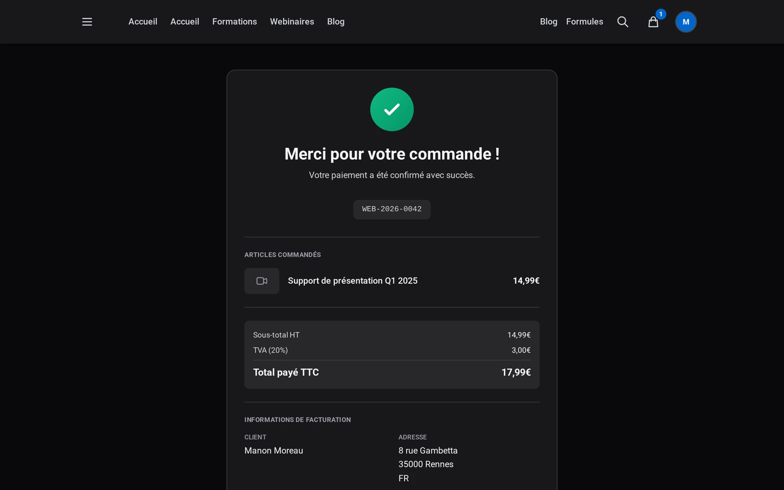 la page « Merci pour votre commande ! » avec le numéro de commande et le récapitulatif