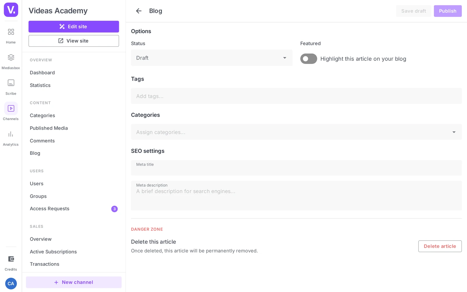 the SEO settings section of a blog post (Meta title / Meta description)