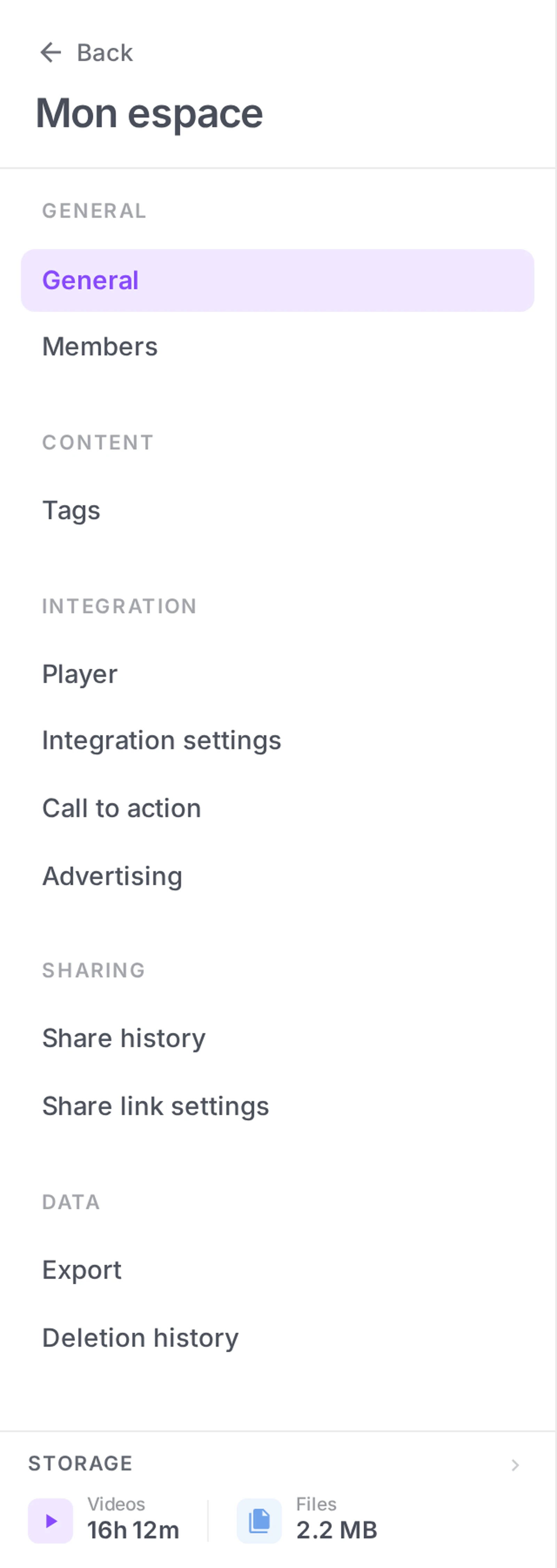 the workspace settings side menu with the list of tabs