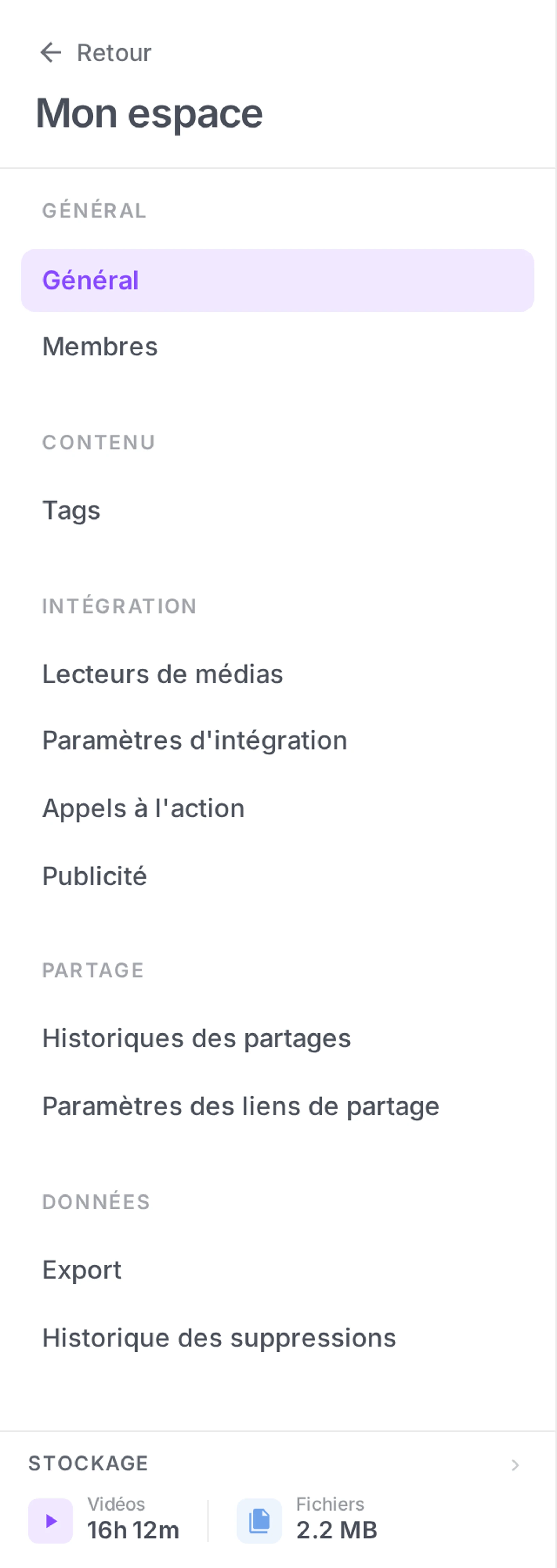 le menu latéral des paramètres de l’espace avec la liste des onglets
