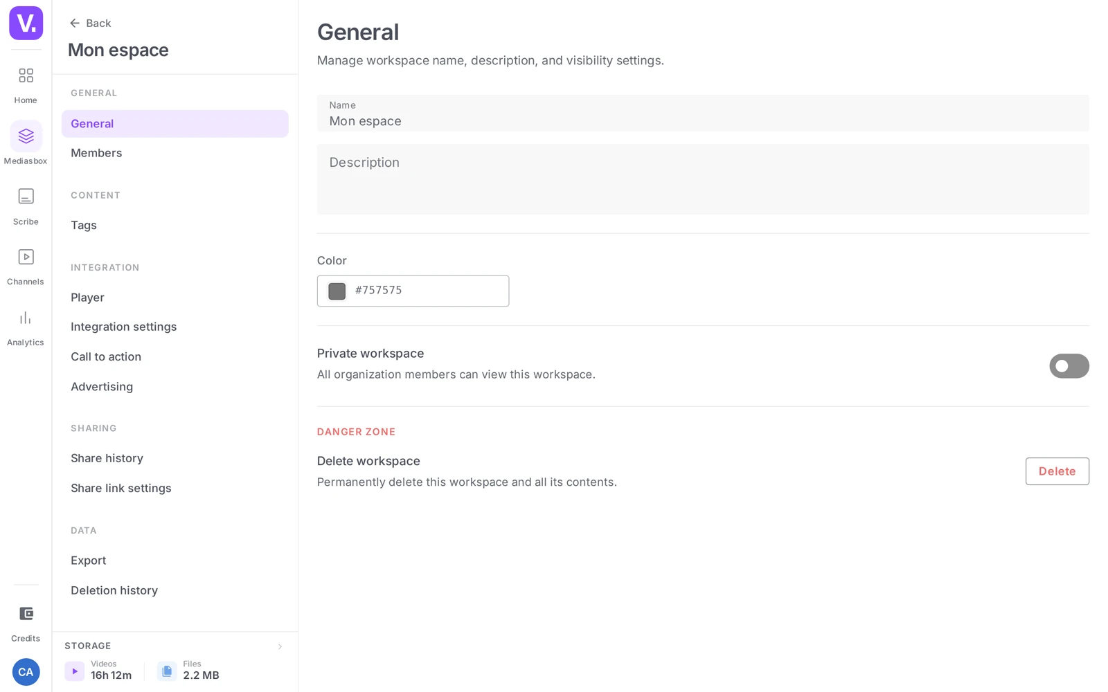the General tab with the name, the color and the Private / Public toggle