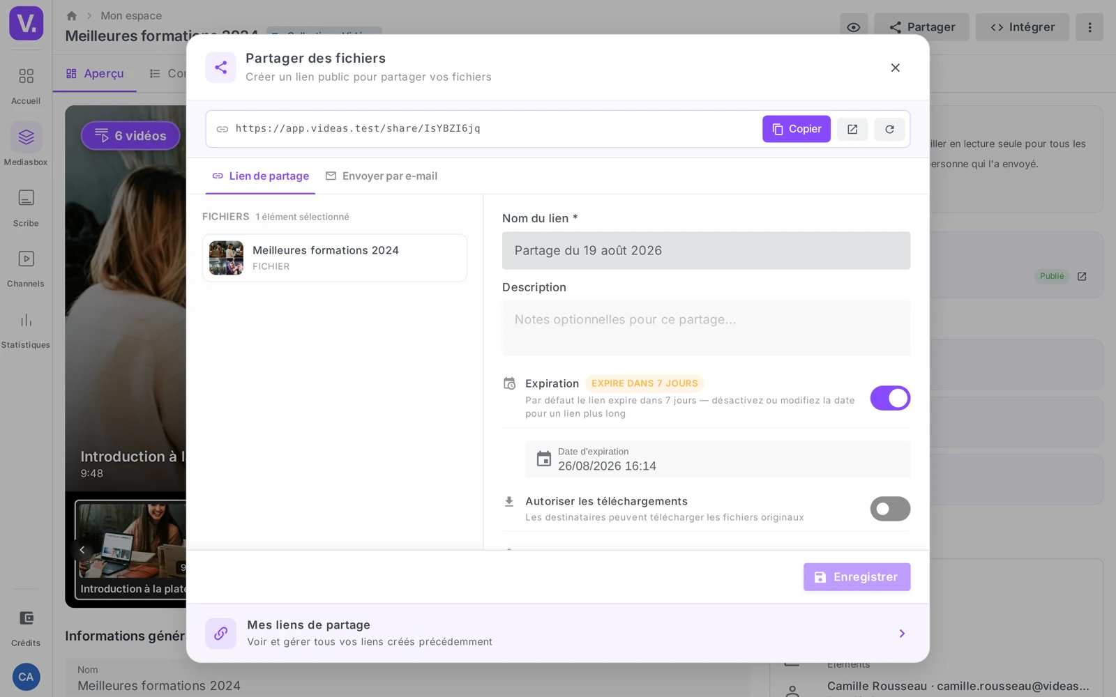 la fenêtre Partager d’une collection, la collection apparaissant comme un seul élément dans la liste Fichiers