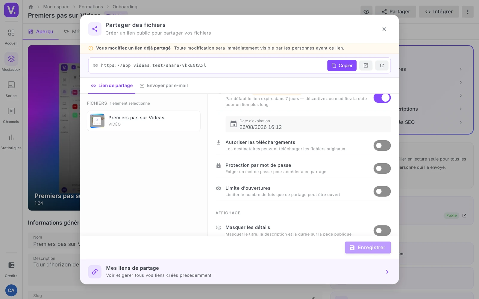 la colonne de droite de la fenêtre Partager avec les toggles Expiration, Protection par mot de passe et Limite d’ouvertures