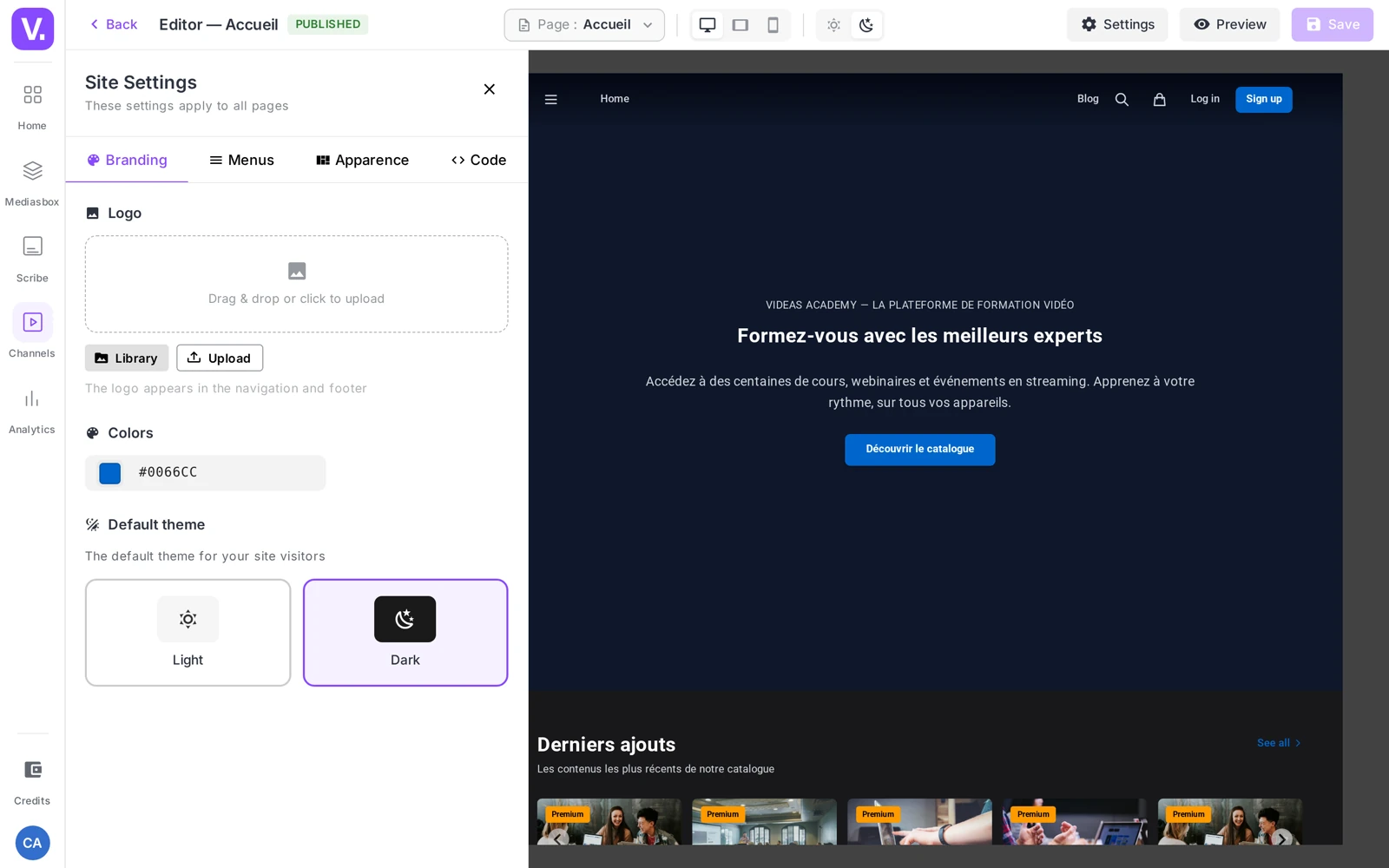 the Site settings drawer open on the Identity tab (logo, colors, theme)