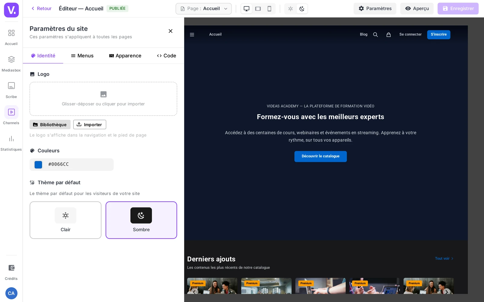 le drawer Paramètres du site ouvert sur l’onglet Identité (logo, couleurs, thème)