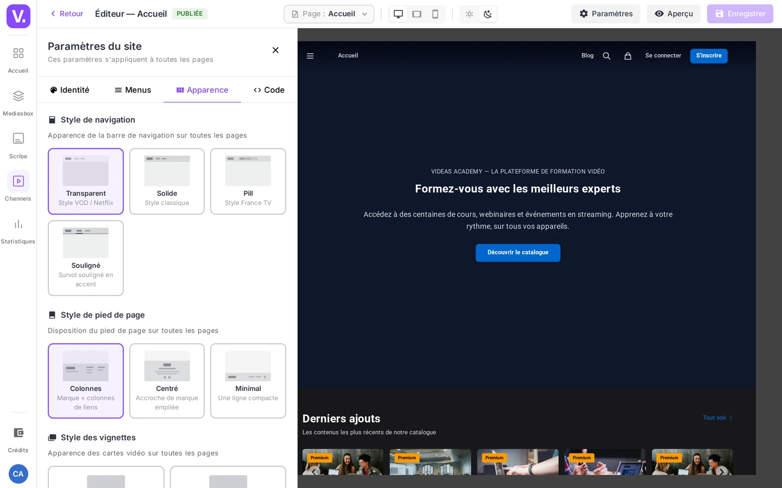 l’onglet Apparence : les 3 styles de navigation et les 8 styles de vignettes