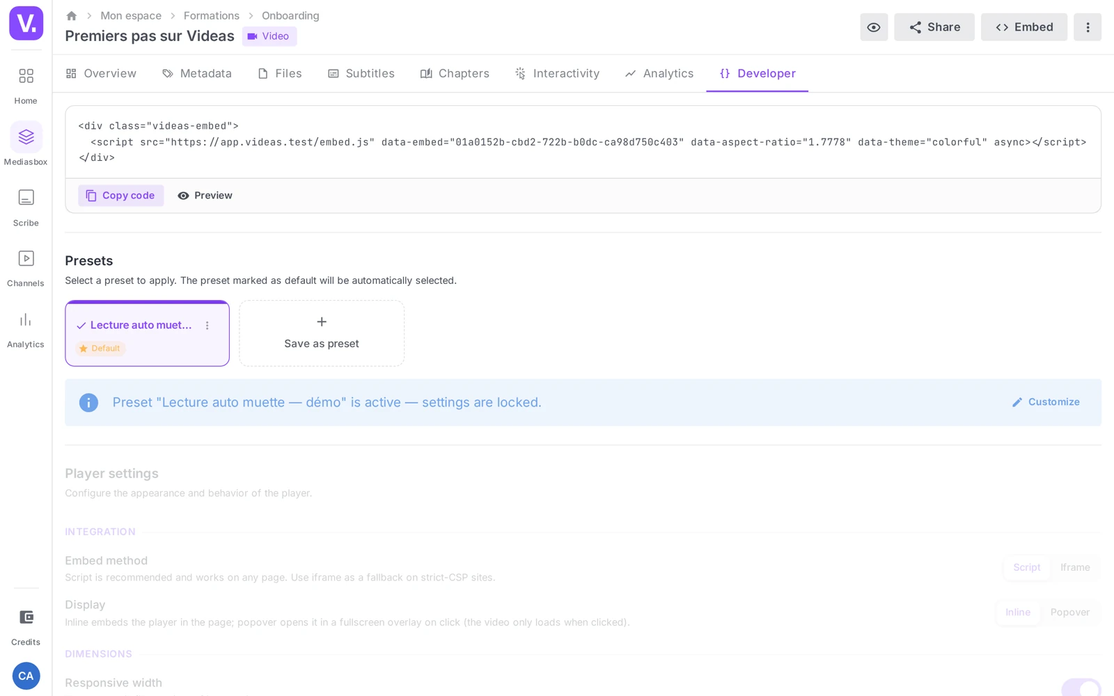 the Developer tab of a media item: embed code, live preview, then the Presets and Player settings sections