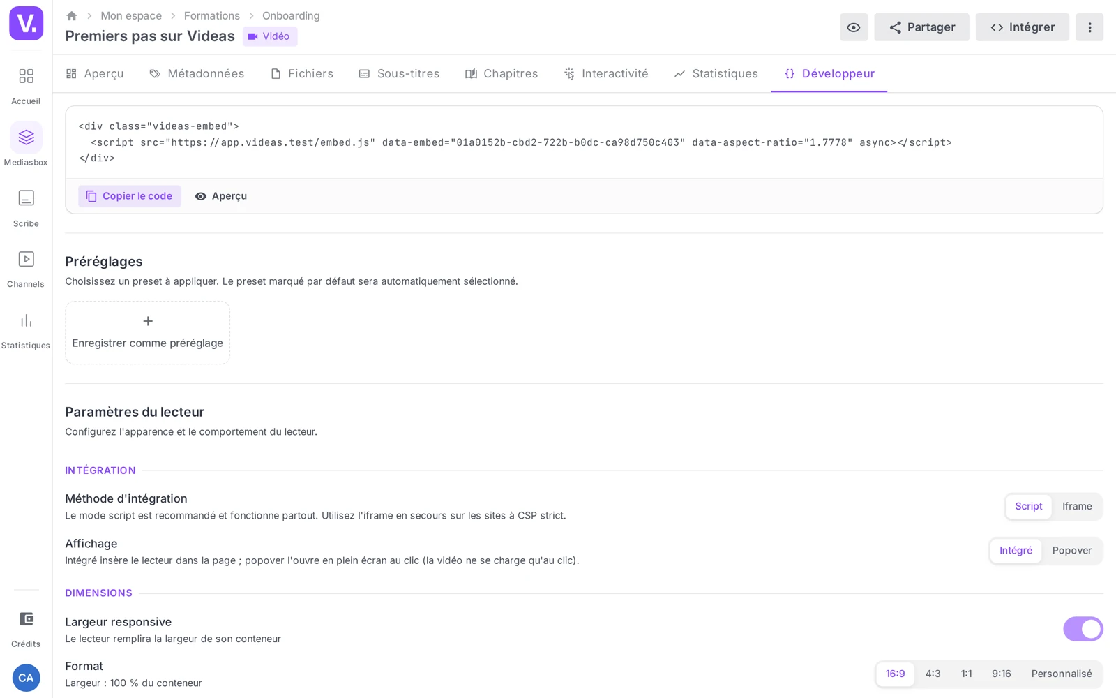 l’onglet Développeur d’un média : code d’intégration, aperçu en direct, puis les sections Préréglages et Paramètres du lecteur