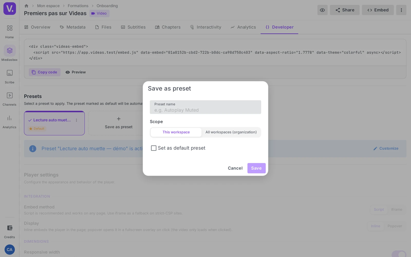 the Presets section with the “Save as preset” card and the dialog (Preset name, Scope, Set as default preset)