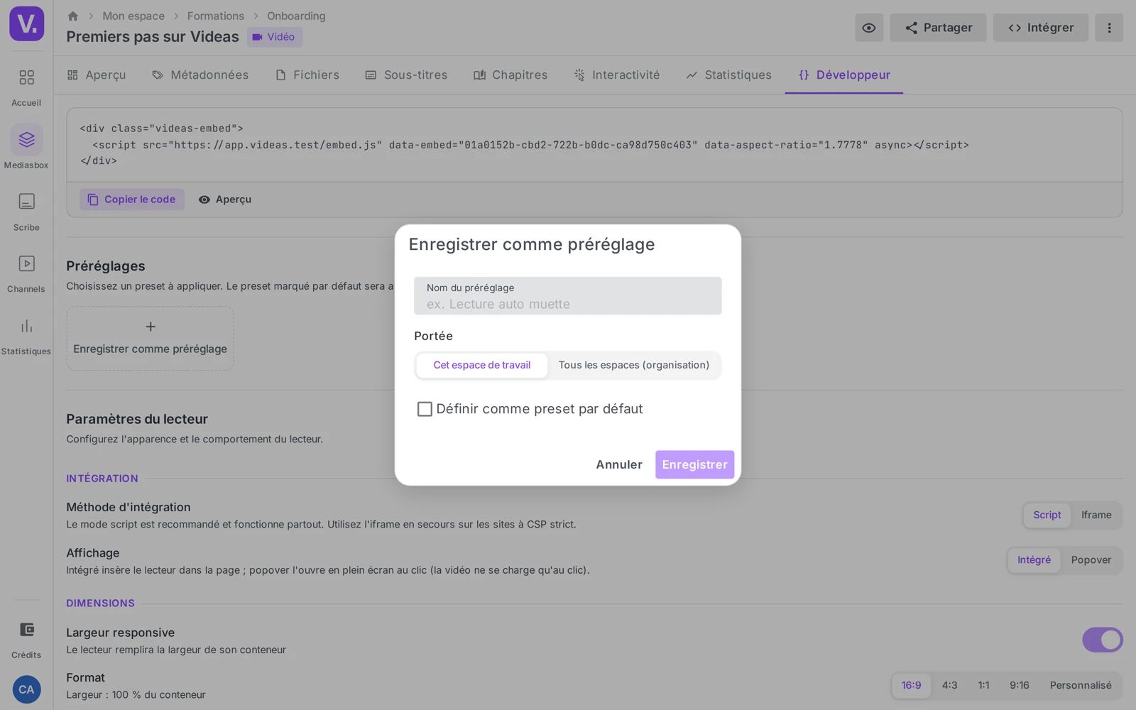 la section Préréglages avec la carte « Enregistrer comme préréglage » et la boîte de dialogue (Nom, Portée, Définir comme preset par défaut)