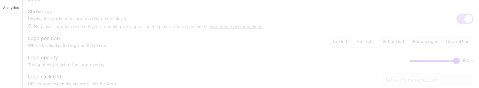 the Logo block with Show logo turned on and its Position, Opacity and Click URL options