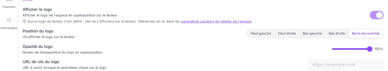 le bloc Logo avec le réglage Afficher le logo activé et ses options Position, Opacité et URL de clic