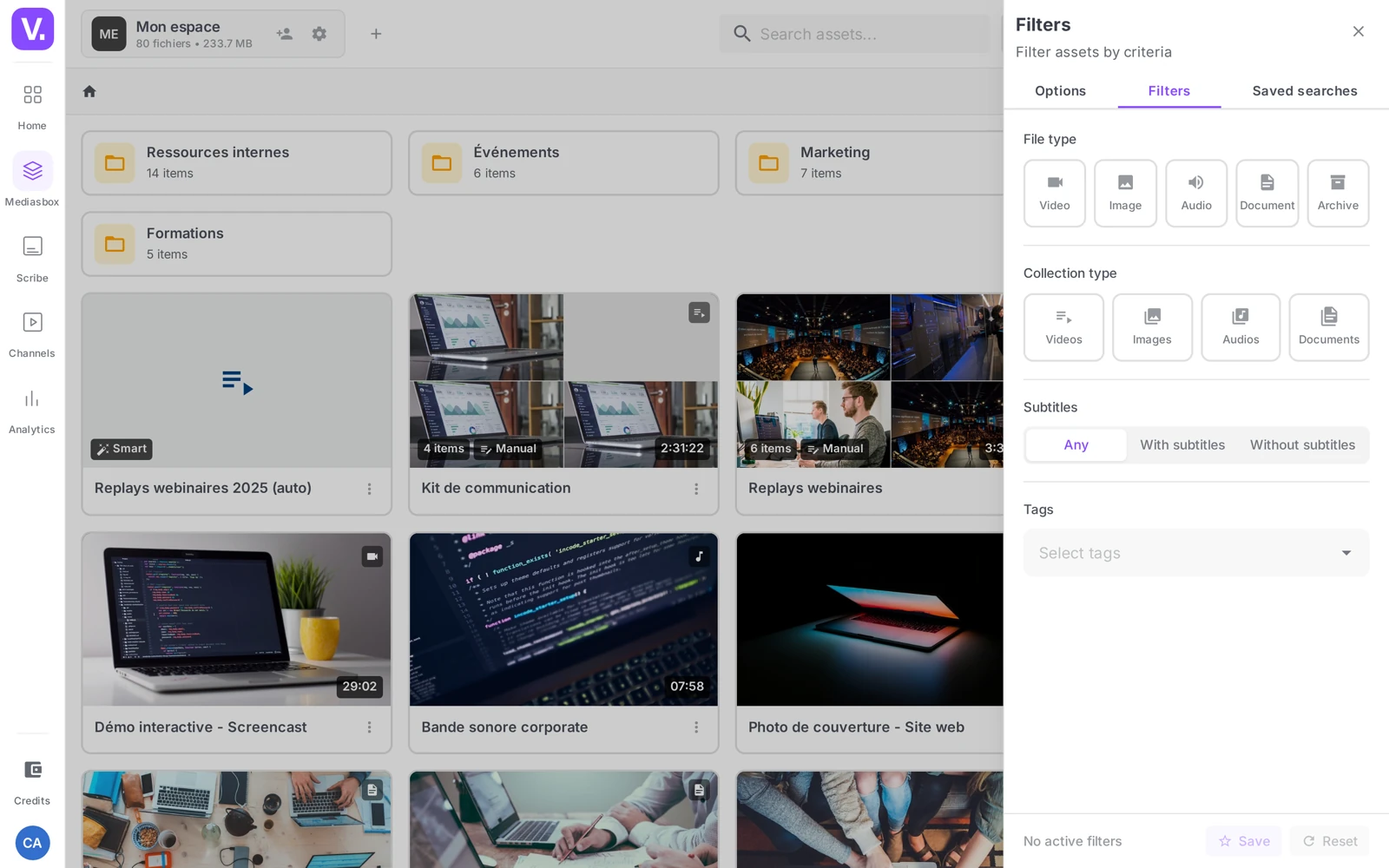 the Filters panel open with File type, Collection type, Subtitles and Tags