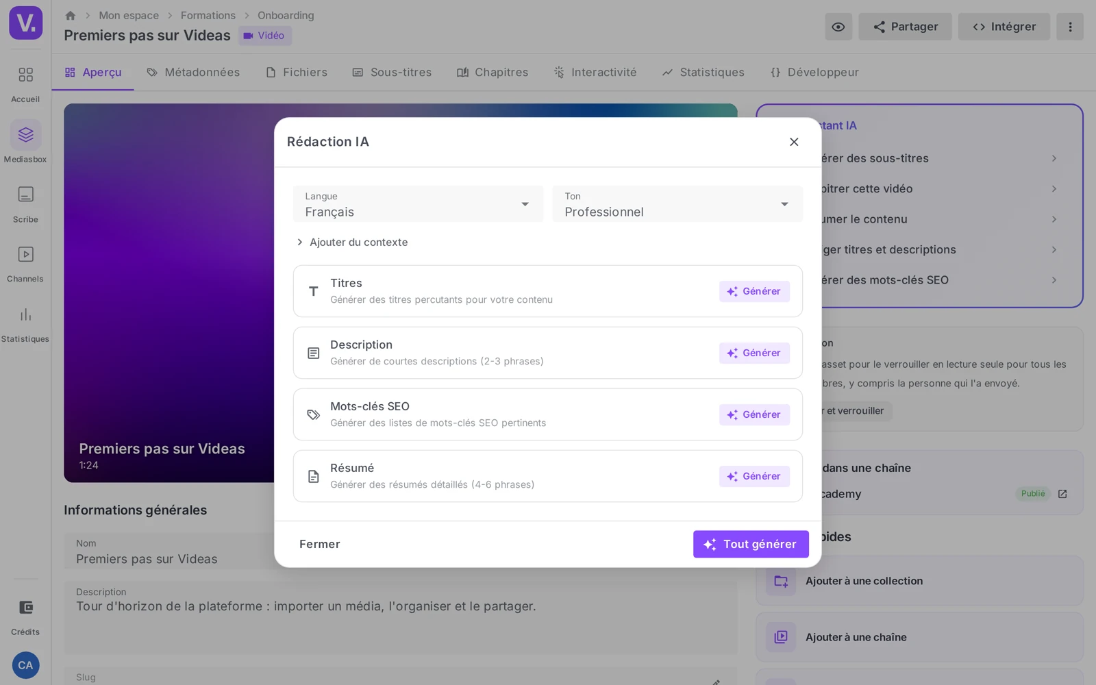 la fenêtre “Rédaction IA” avec les cartes Titres / Description / Mots-clés SEO / Résumé