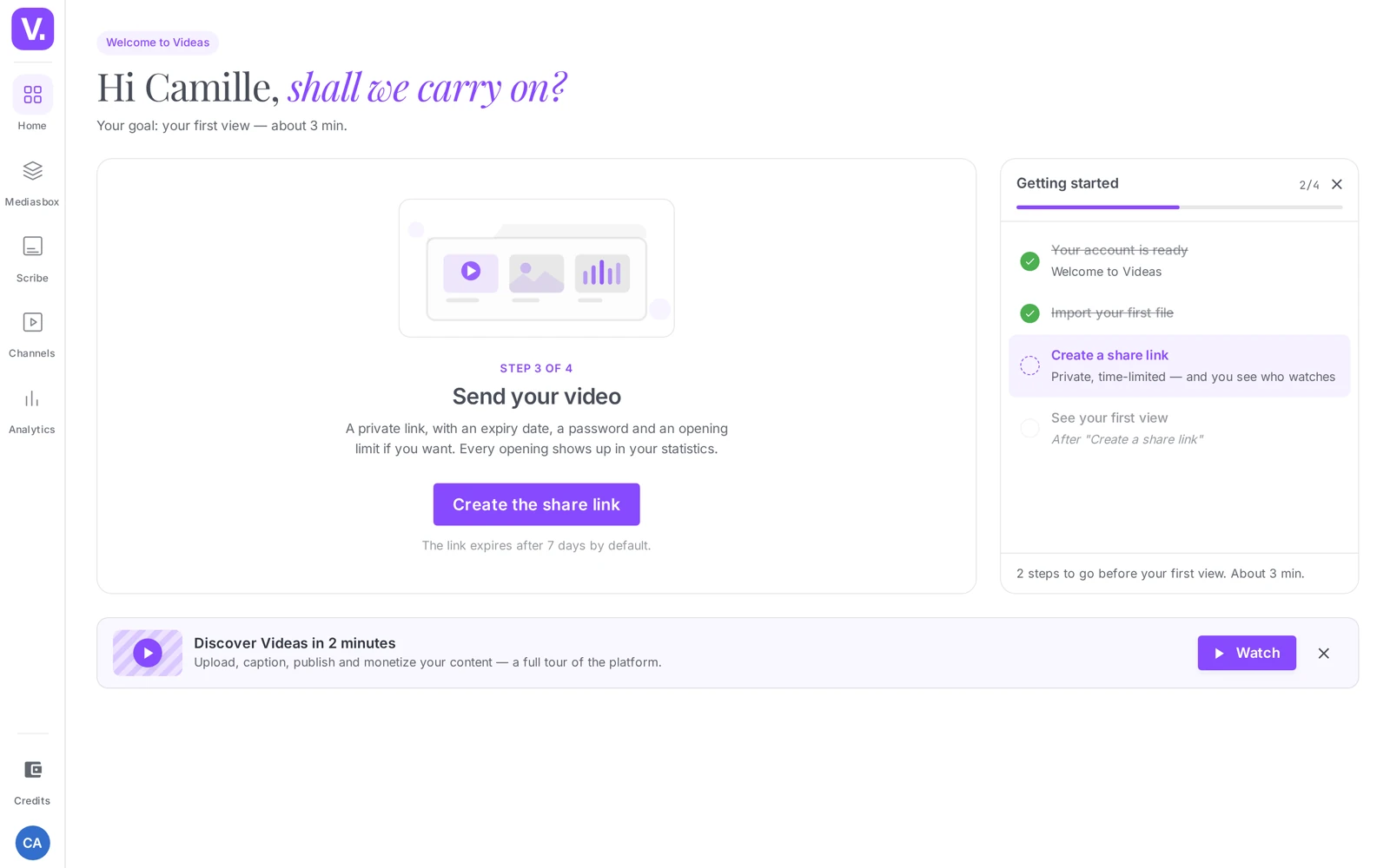 the home page with Getting started showing: the scene of the current step on the left, the Getting started column on the right with its hide cross