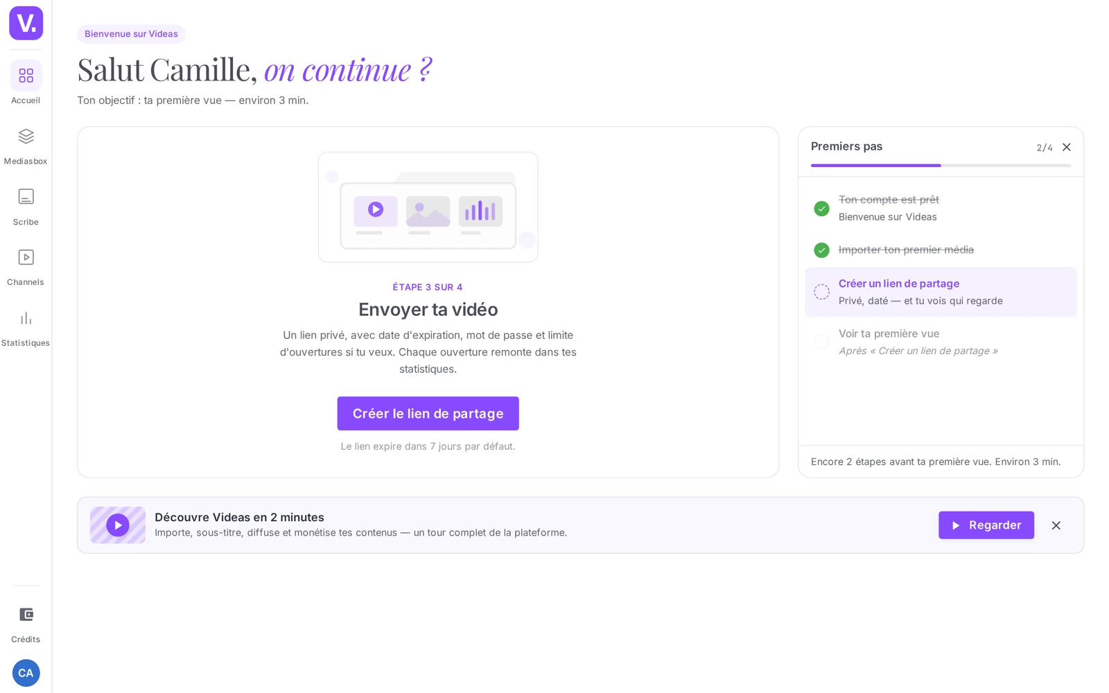 l’accueil avec les premiers pas affichés : la scène de l’étape en cours à gauche, la colonne « Premiers pas » à droite avec sa croix de masquage