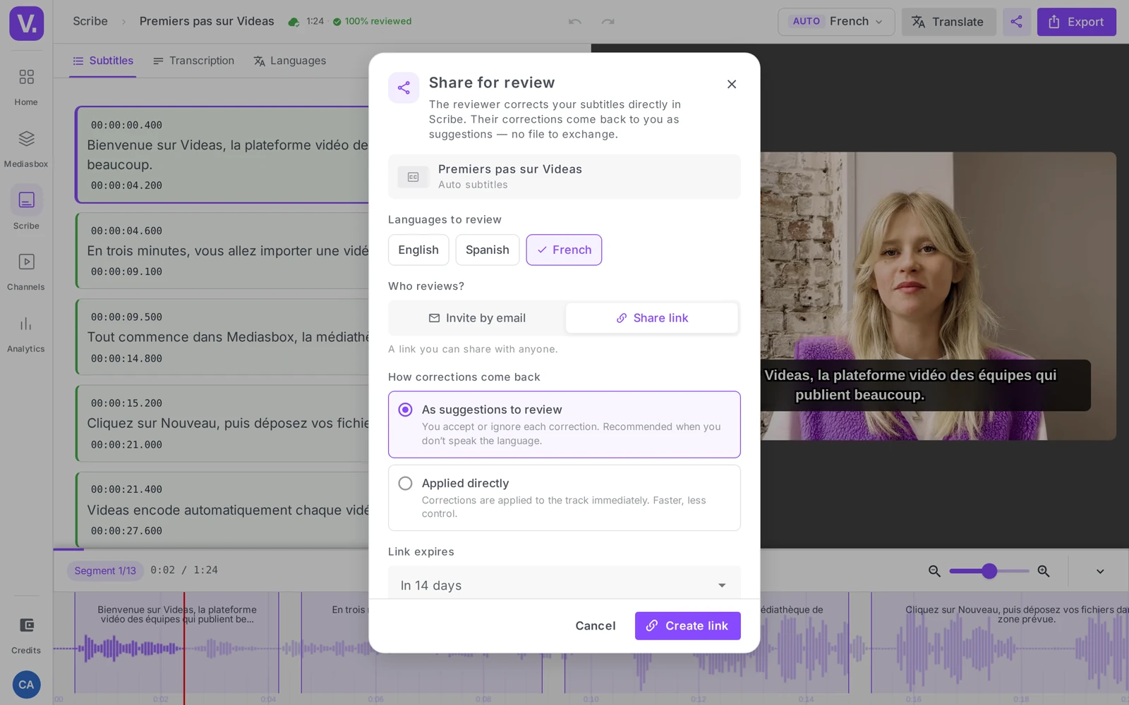 the “Share for review” window (Languages to review, Who reviews?, how corrections come back, expiry)