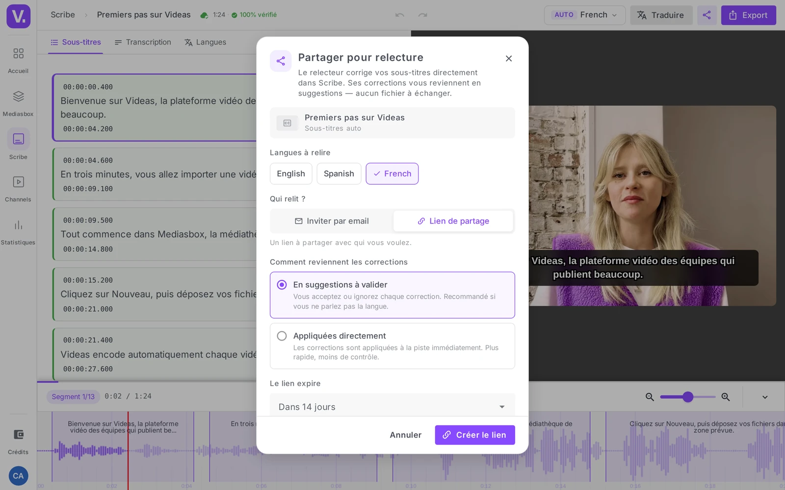 la fenêtre “Partager pour relecture” (Langues à relire, Qui relit ?, mode de retour des corrections, expiration)